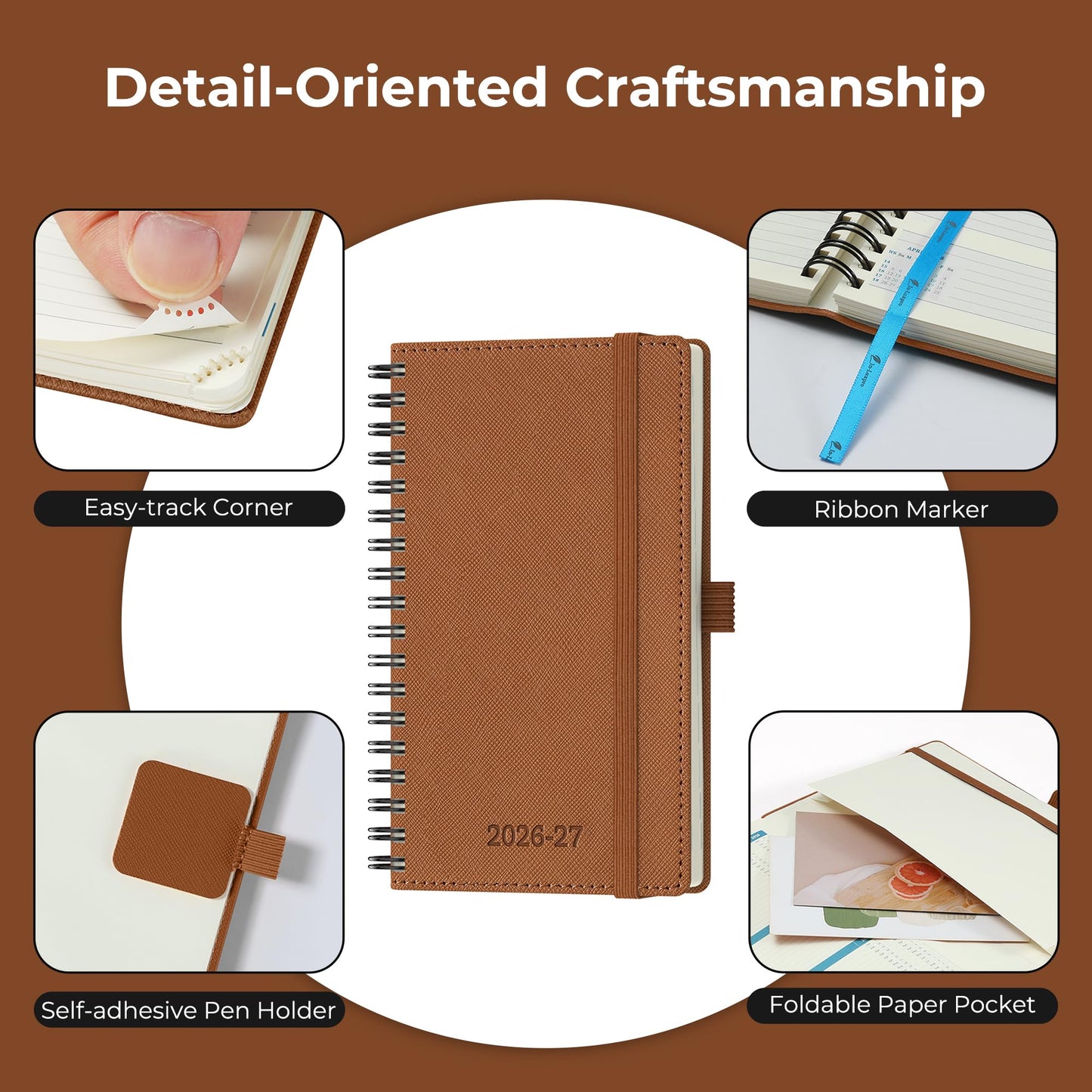 IN-LUXPRO Planner 2026-2027 Daily Weekly and Monthly,6.5"x3.75",18 Months Spiral Bound Calendar Agenda with Self-adhesive Pen Holder,2026 Academic Plan with Vegan Leather Soft Cover,Brown