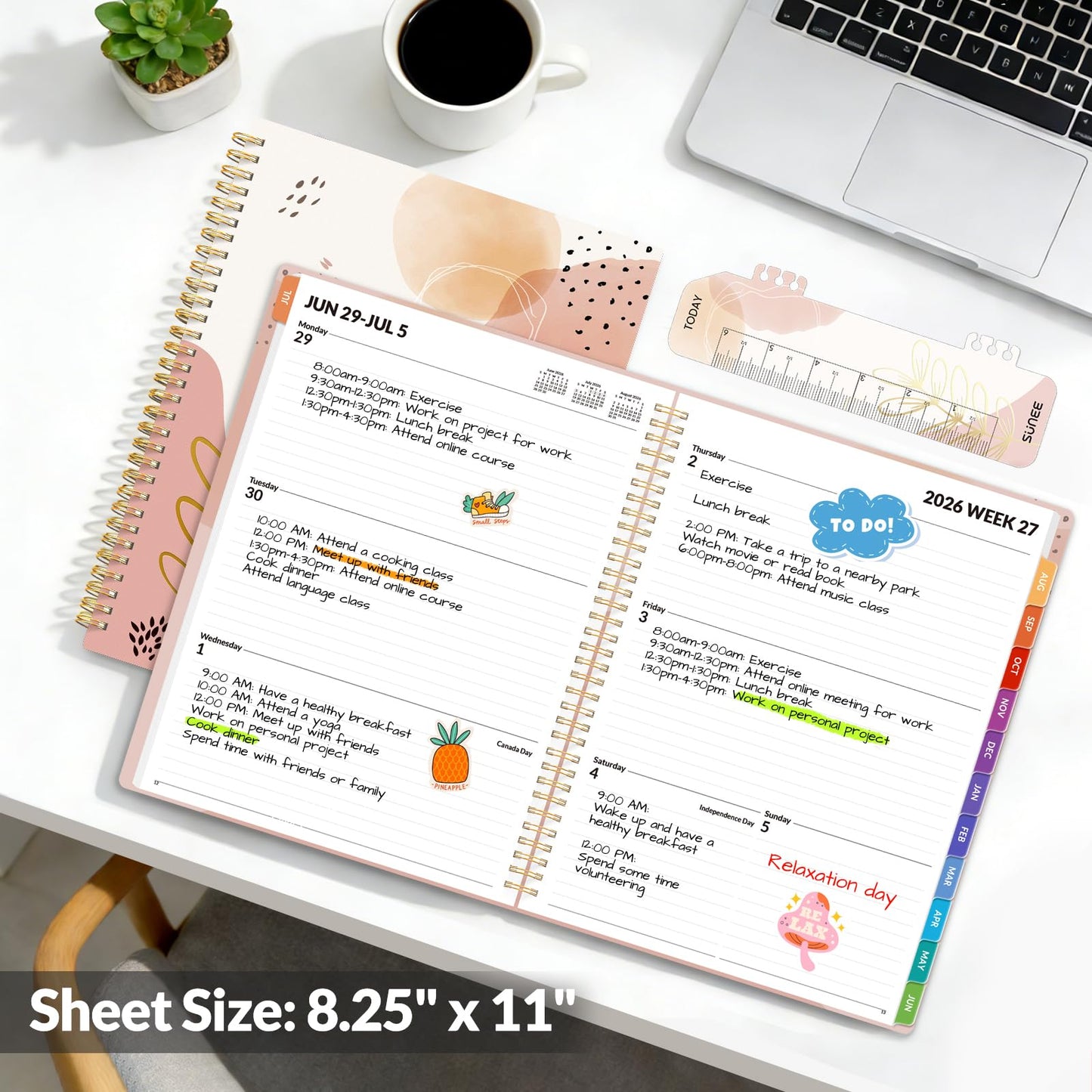 SUNEE Academic Planner 2026-2027 – Weekly & Monthly Planner, July 2026 to June 2027, 8.5"x11", Thick Paper, Tabs, Pockets, Bookmark, Spiral-Bound, Student Teacher Organizer, Blushing Abstract Breeze