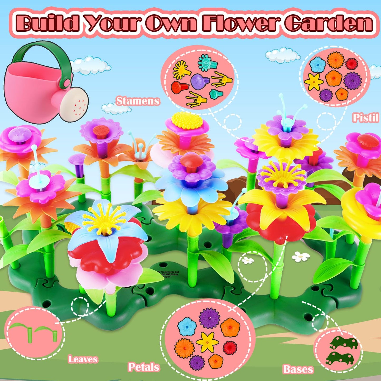 FUNZBO 109pcs Flower Garden Building Toy Set - Spring Toys for 3 4 5 6 7 Years Old Girl, STEM Montessori Educational Toy for Kid Toddler, Sorting & Stacking Building Block Birthday Gift for Girls