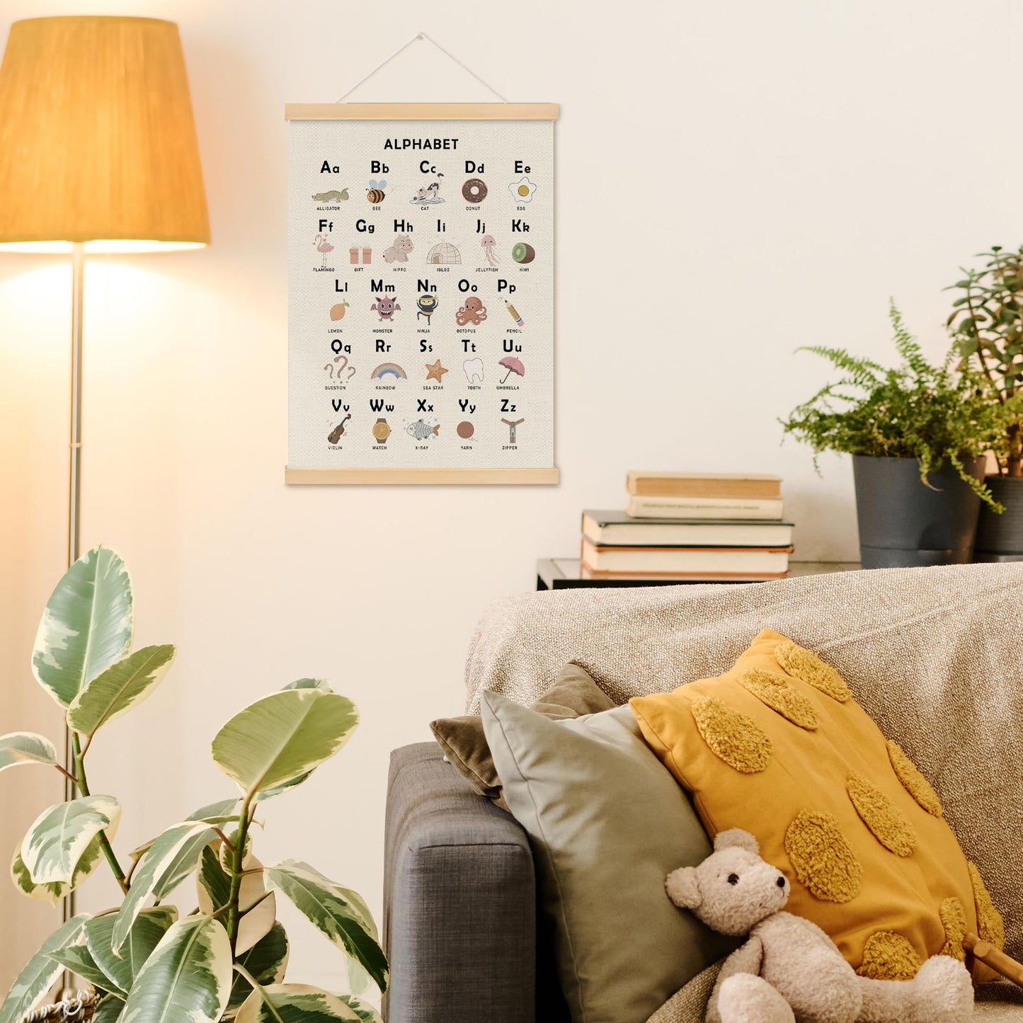 MOTERMATE Boho Alphabet Poster Hanger Frame, ABC Educational Wall Hanging Decor Art Framed for Toddlers Kids Room Playroom Nursery Classroom, Cartoon Alphabet Chart Wall Poster Prints, 12x16 Inch