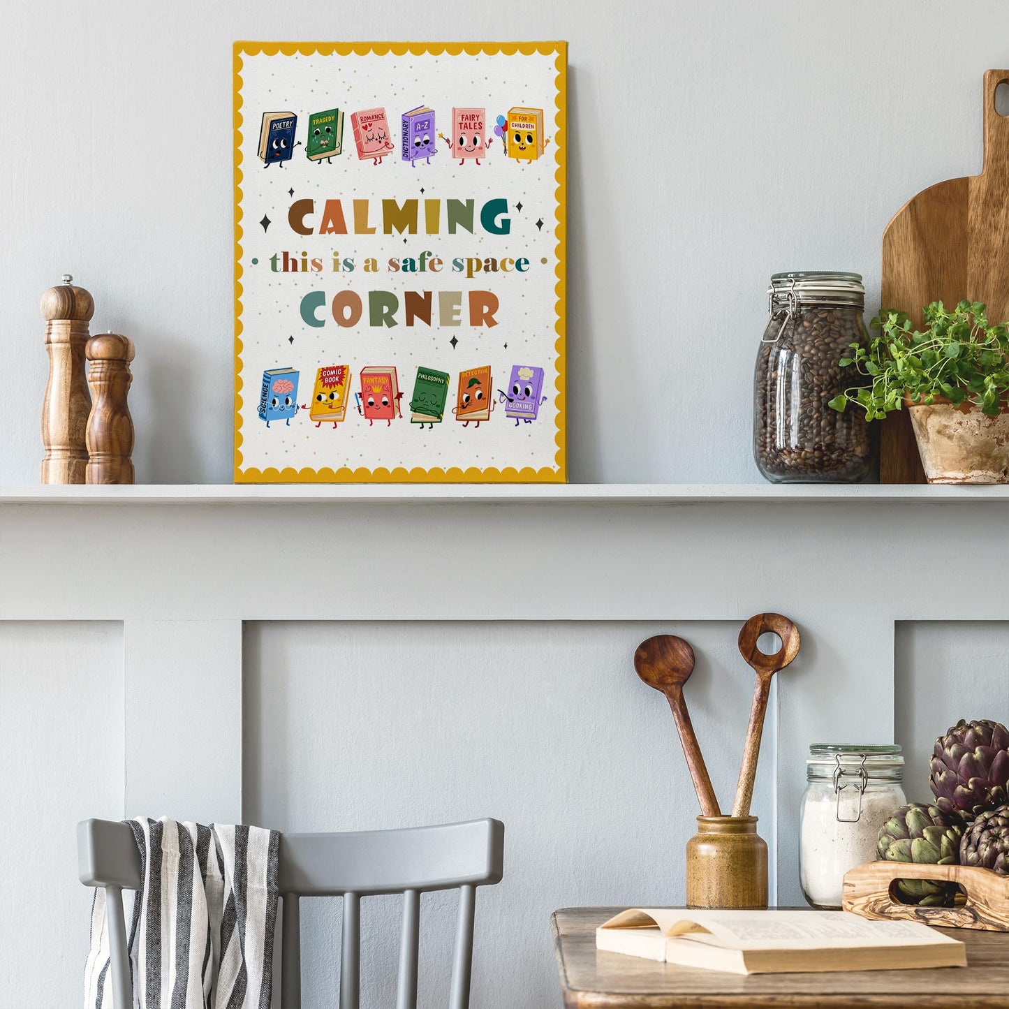 XINCEYWJ Boho Calming Corner Reading Classroom Wall Decor, Reading Nook Corner Decor, Nursery Toddler Office Canvas Art Prints Framed, Inspirational Wall Art for school Counseling Office, 11x14 In