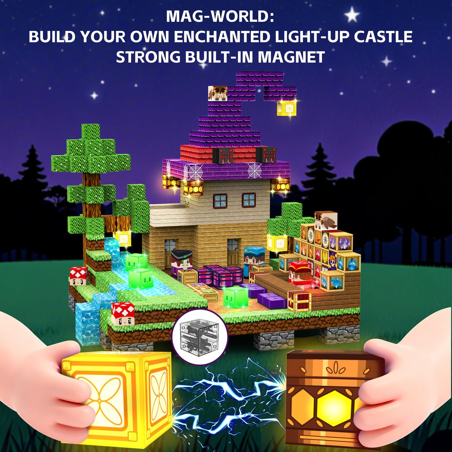 Gryxpox 200PCS Magnetic Blocks - Magnetic School Castle Set with Light Up Blocks - Kids Classroom Sensory Toy for Toddlers STEM, Construction Stacking Toy Kids 3+ Boys Girls Christmas Birthday Gifts