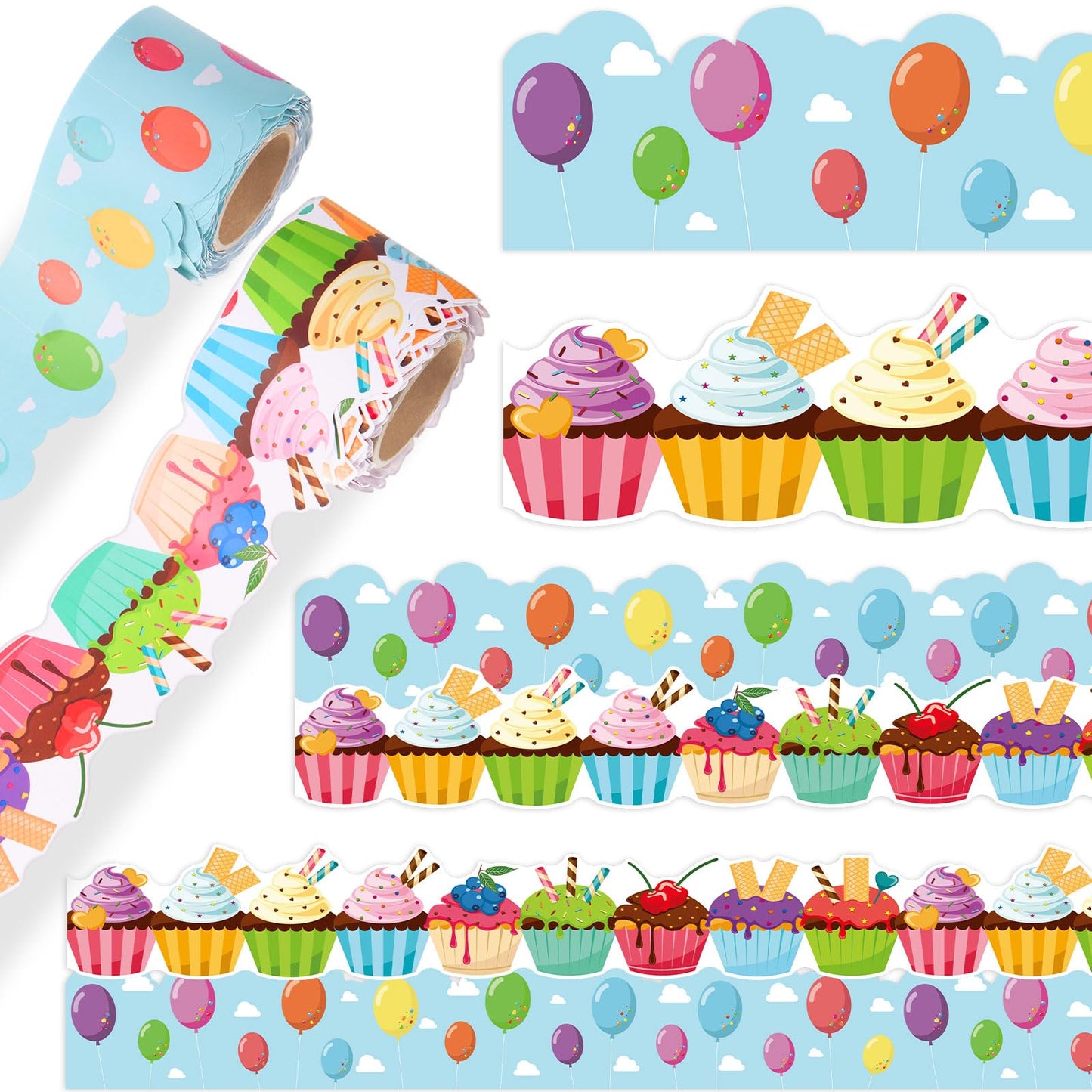 Trandraft 2 Rolls 65.6ft Balloons Cupcake Border Bulletin Board Decorations for Birthday Back to School Themed Party Classroom Decor School Home Office Chalkboard Wall Decors
