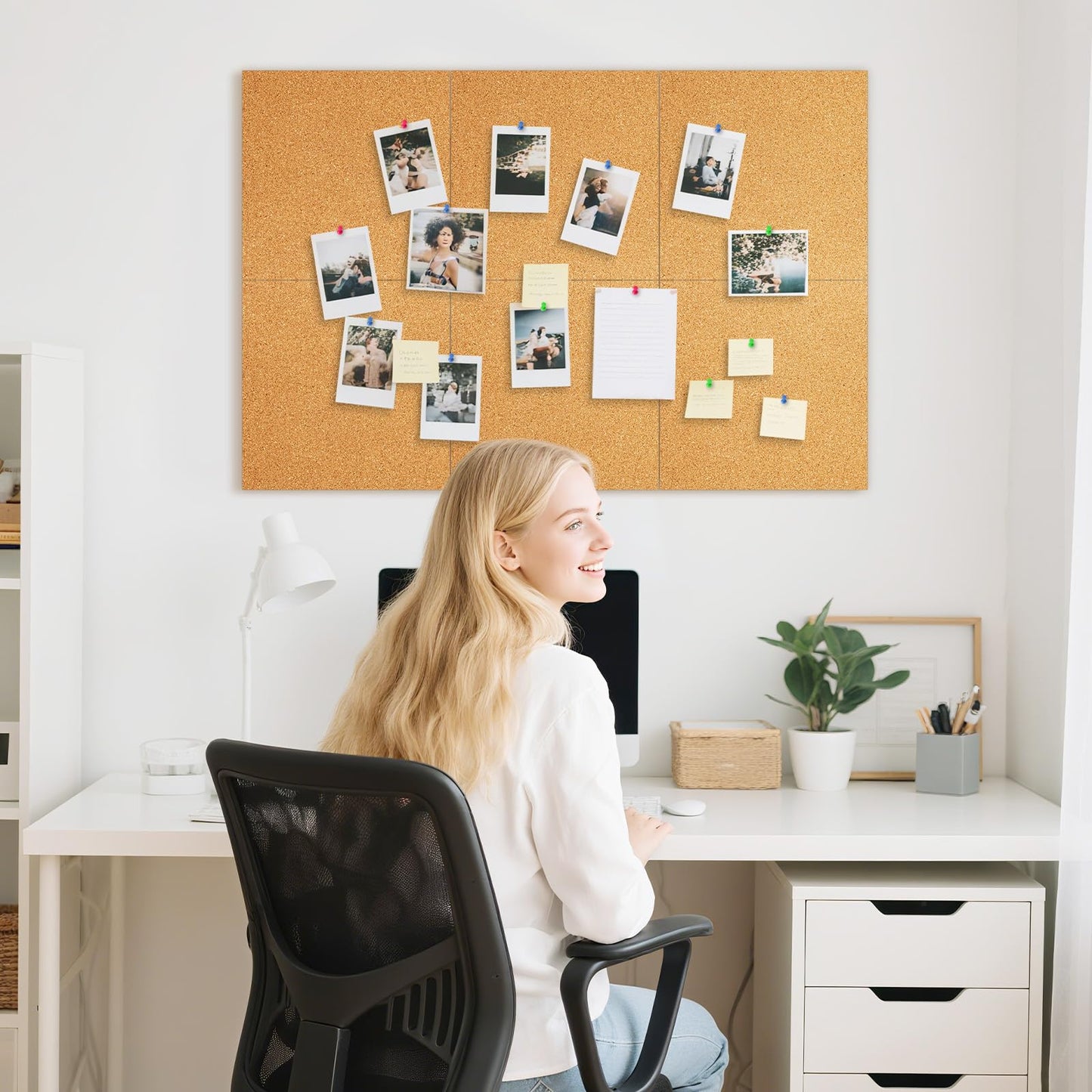 DOLLAR BOSS Cork Board Tiles, 6 Packs 12" x 12" 1/2" Thick Cork Bulletin Board Self Adhesive Corkboards for Walls with 60 Pushpins for Home Office Kitchen School Decor Display