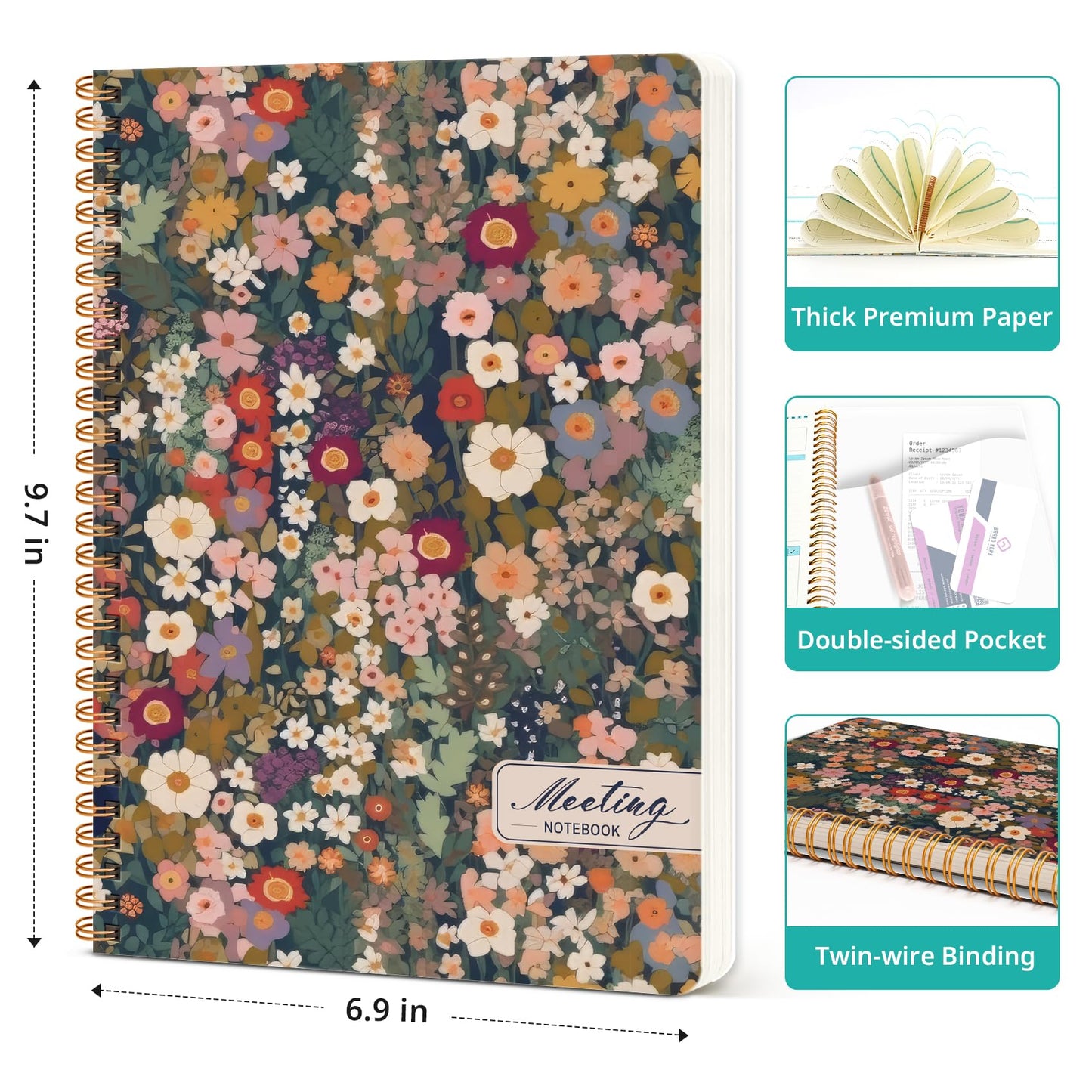 Taja Meeting Notebook for Work Organization - Work notebook with action items, Meeting Minutes Planner Notebook, Perfect Office Supplies for Men & Women - Garden