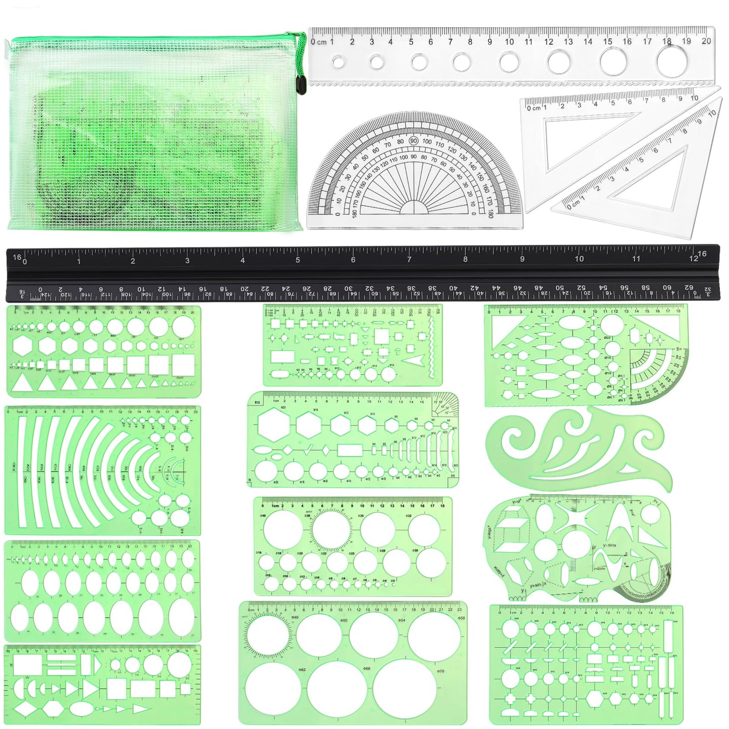 18 Pcs Geometric Drawings Templates, Drawing Stencils, Drawings Tools, Stencils for Drawing, Drafting Stencil with a Storage Bag for Architecture, Studying, Office, Designing