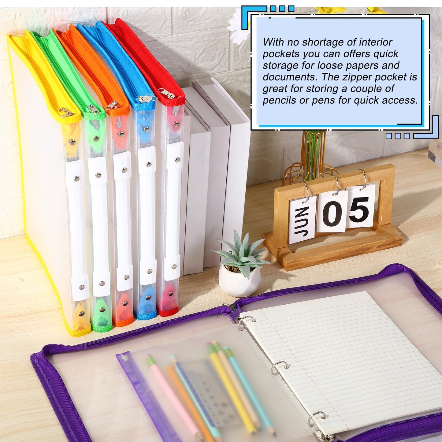 Fulmoon 6 Pack 1 Inch Zipper Binder, 3 Ring Binder with 2 Interior Pockets, Plastic Pencil Pouch, Expanding File Zippered Holds 8.5''x11'' for Projects, Assignments, Memos, School Work (Clear)