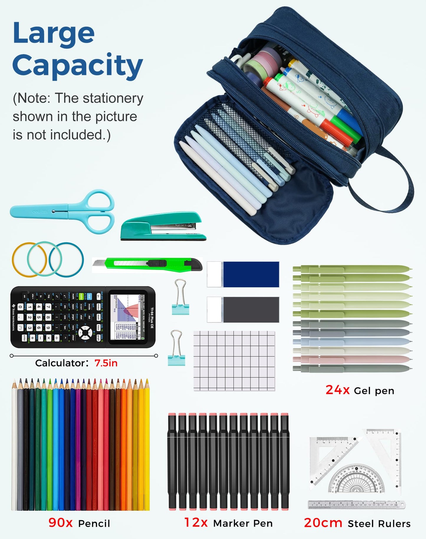 Fmeida Pencil Case Pouch Expandable - Extra Large Pencil Pouch Aesthetic Pencil Bag Office Stationery Organizer with Handle for Adult Men Women - Navy Blue