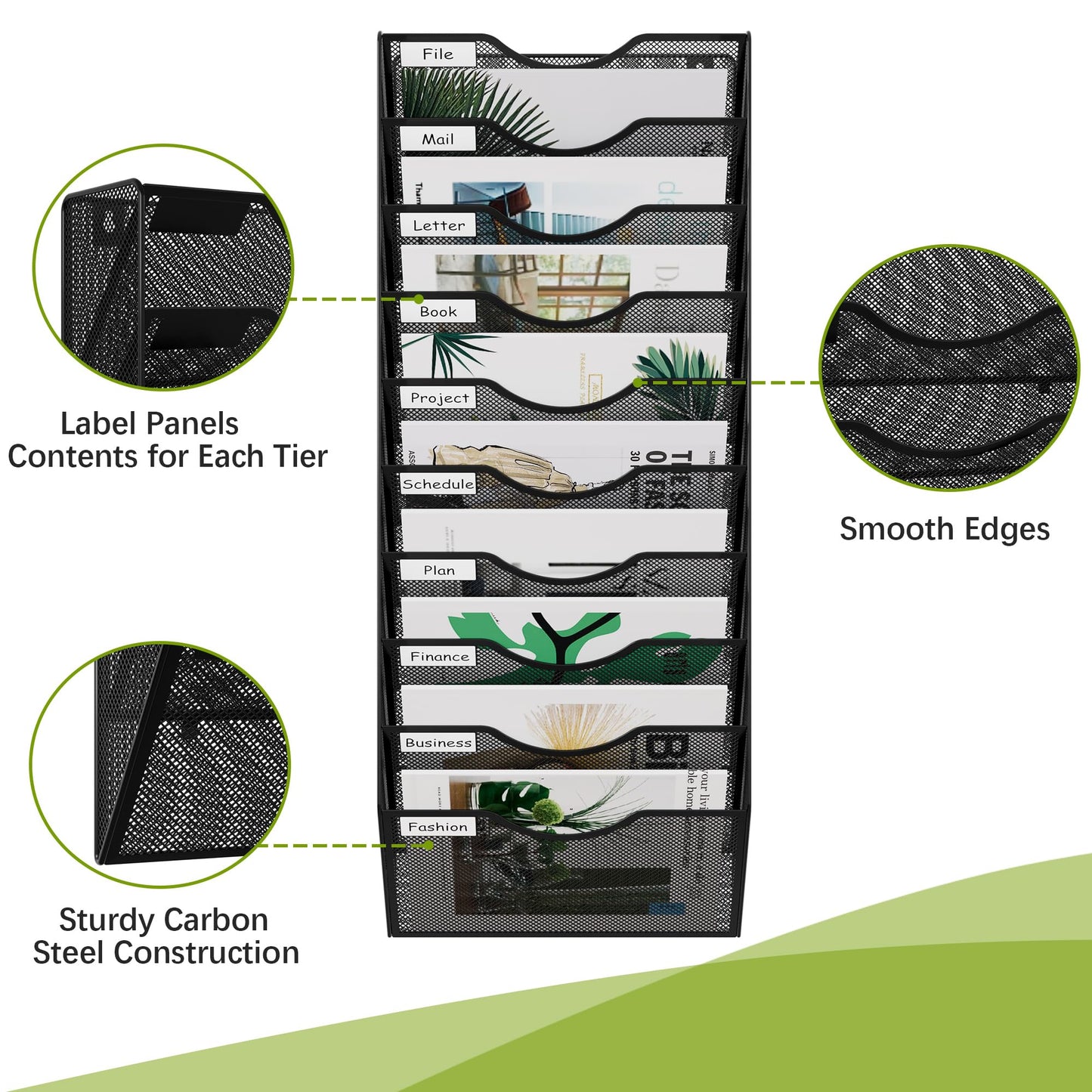EasyPAG 10 Pocket Mesh Wall File Organizer, Hanging Paper Folder Holder with Classify Label, Vertical Wall Mount Mail Organizer for Office Home Classroom, Black