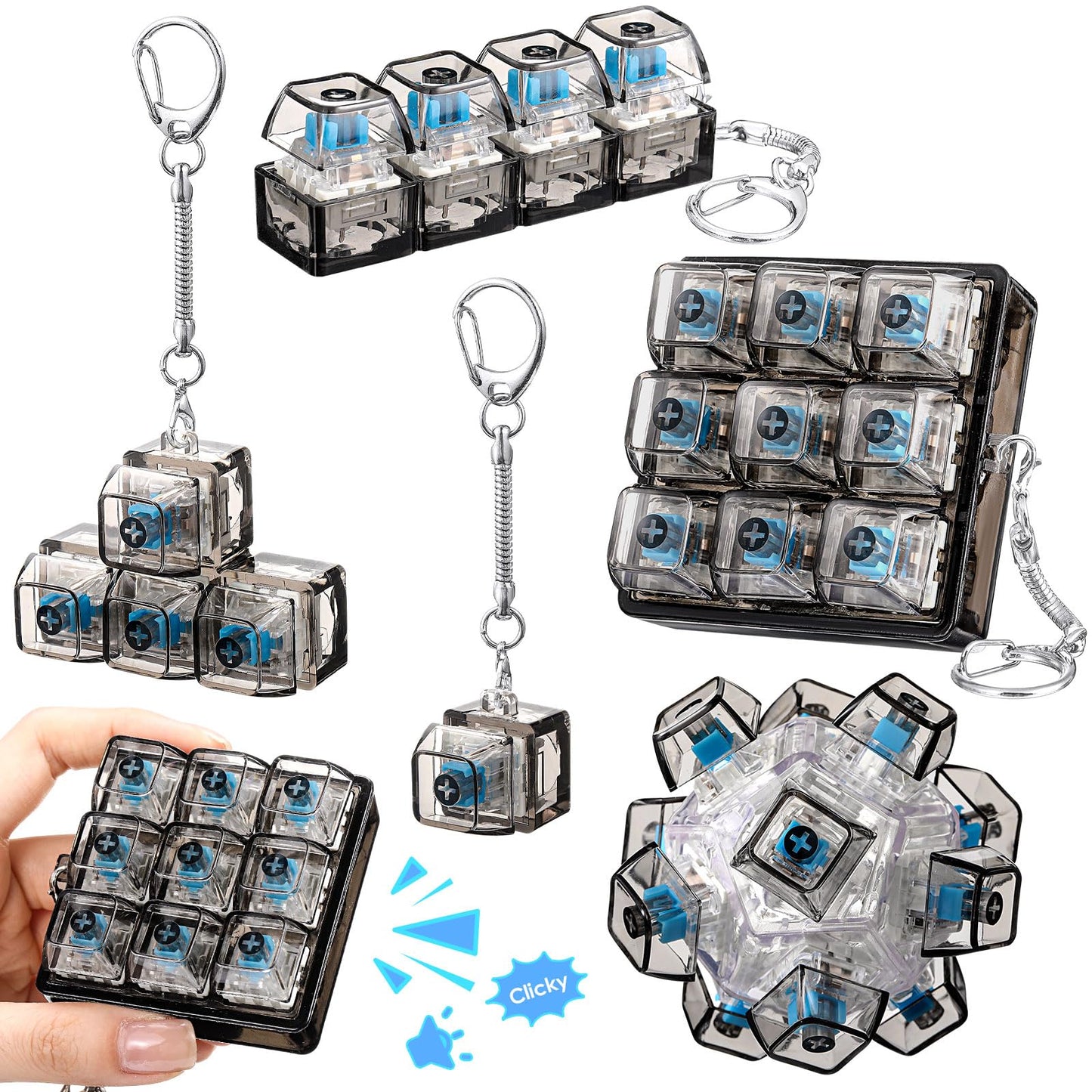 Halloscume 5 Pcs Keyboard Adult Fidget Clicker in 5 Styles Keyboard Fidget Keychain Cube Mechanical Key Button Clicker Stress Relief Gift for Office Home Pass Time(Black Transparent)