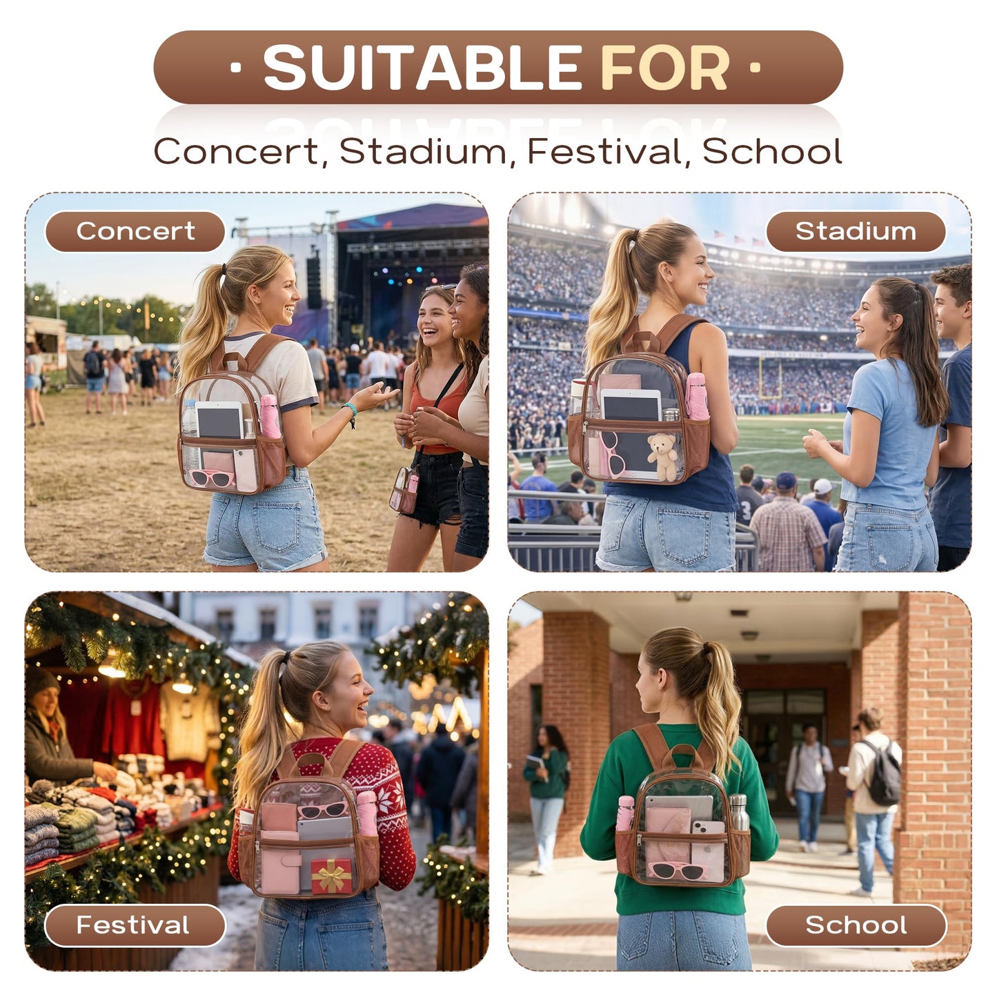 Oraben Clear Backpack Stadium Approved, 12 x 6 x 11 in, Small Transparent Backpack for Concerts, Sports Events, Festivals, Travel, Waterproof PVC, Adjustable Straps, Women Men