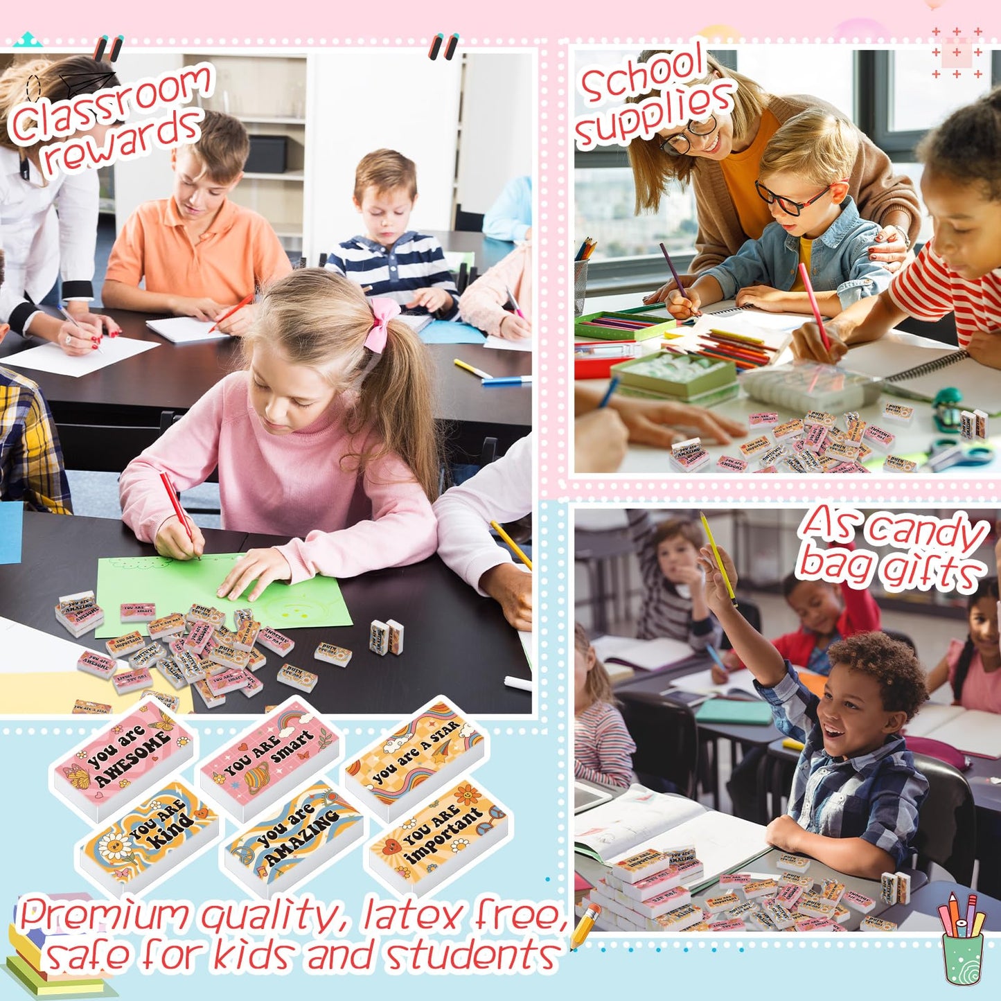 Resurhang 180 Pcs Erasers Bulk for Kids Inspirational Pencil Erasers Bulk for Drawing Motivational Big Eraser School Supplies for Classrooms Back to School Office (Inspirational,Boho)