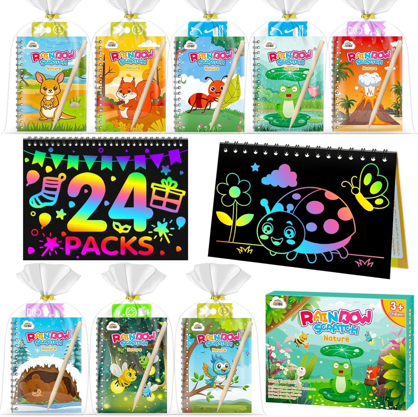 ZMLM 24 Pack Scratch Art Party Favors for Kids 4-8 – Individually Wrapped Rainbow Notebooks, Mess-Free Goodie Bag Stuffers, Non-Candy, Classroom Prizes, Travel Crafts for Boys Girls(Nature)