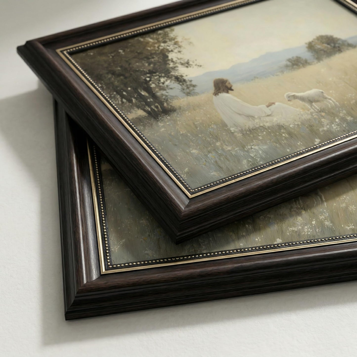 Dark Brown Framed Jesus And The Lamb Canvas Wall Art Jesus Leaves The 99 Sheep Wall Decor Picture Christian Bible Stories Poster Print Artwork for Church Living Room Bedroom Decoration