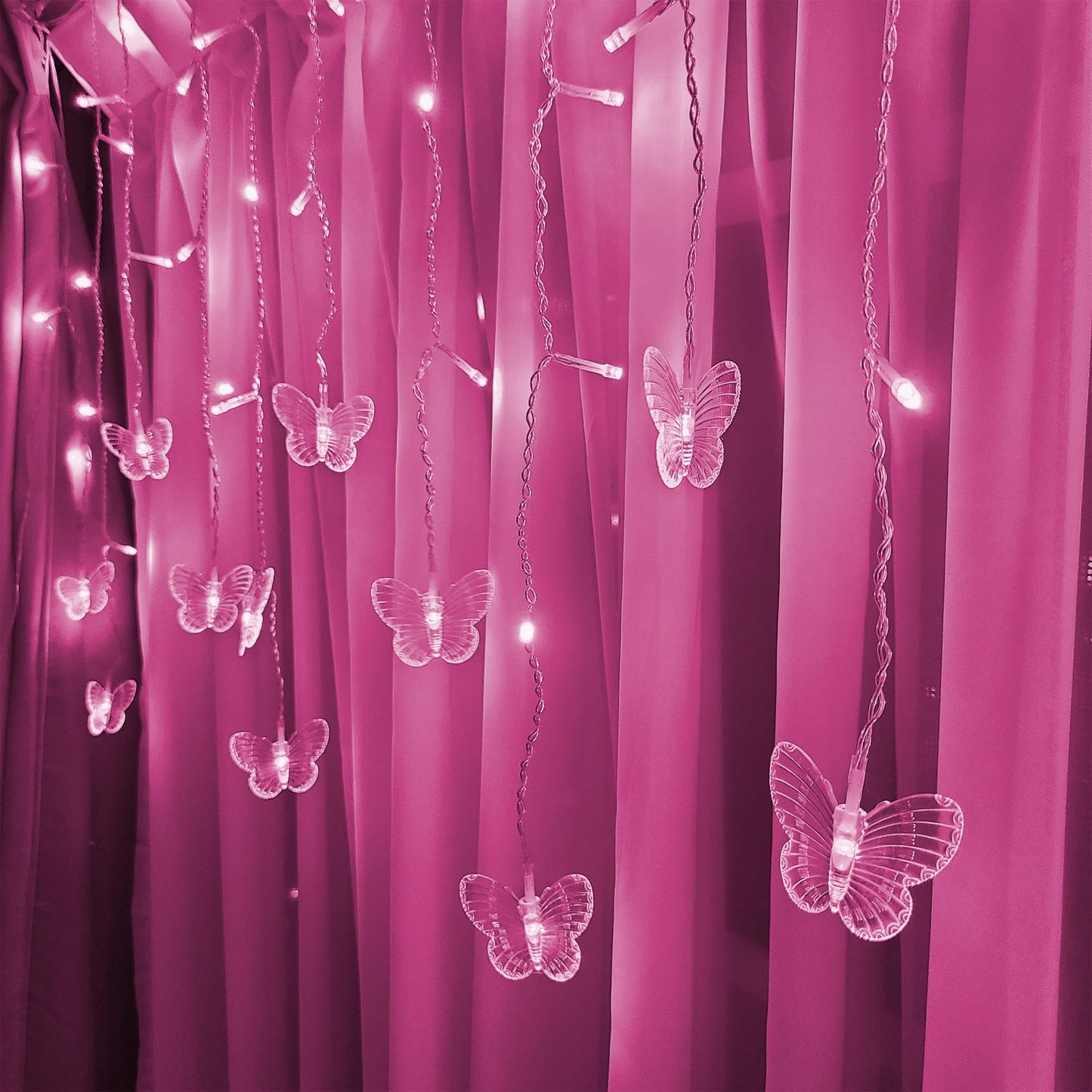 MinoMia Butterfly Curtain Fairy Lights, 96 LED, 11.5FT, USB Plug, 8 Modes, Remote Control, Pink