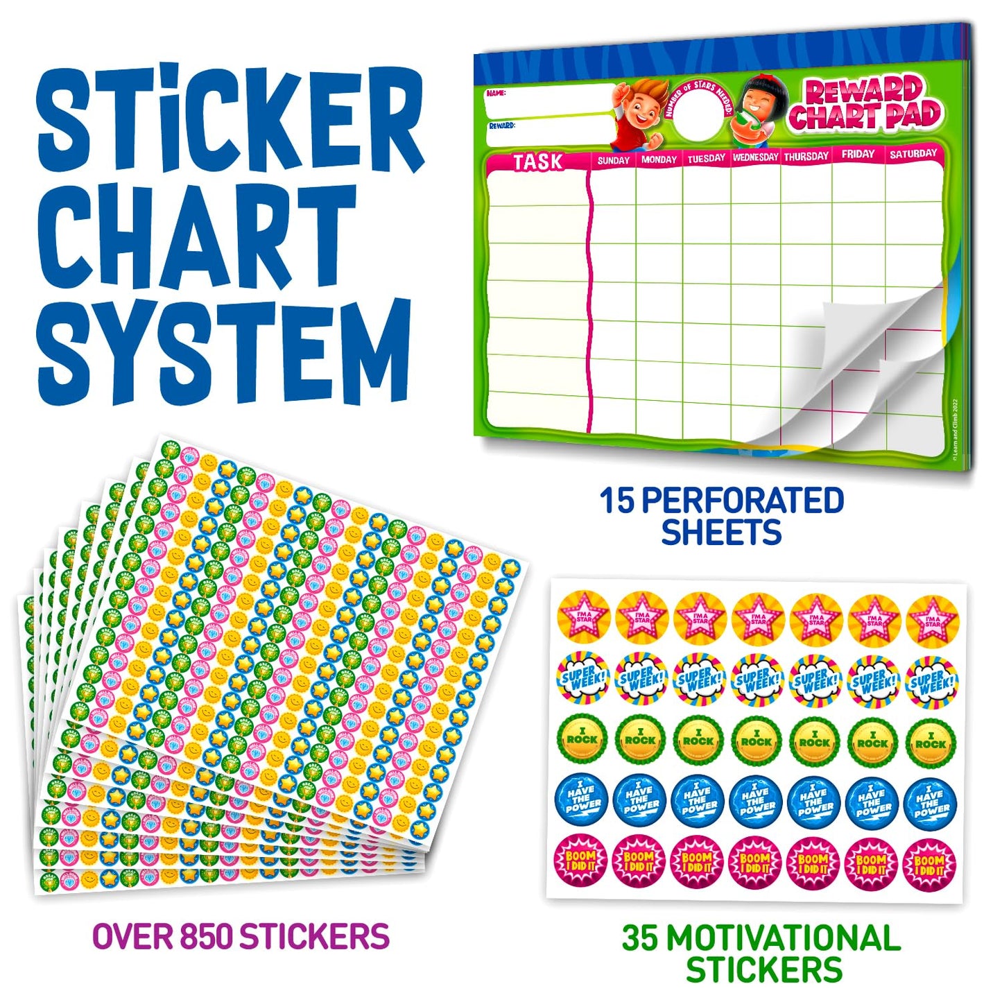 Behavior Reward System - Pad with 15 Chore Charts for Kids, 850 Stickers to Motivate Responsibility & Good Habits