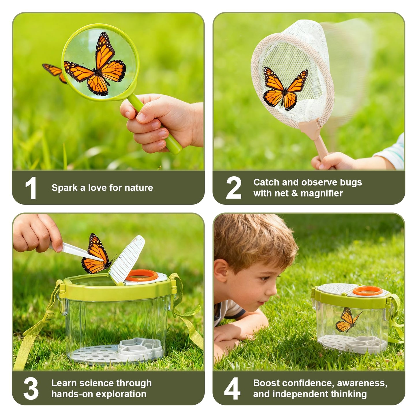 Dreamon Kids Gardening Tools & Bug Catcher Kit, 2-in-1 Outdoor Toys with Wheelbarrow and Bug House, STEM Educational Toys for 3 Year Old, Birthday Gifts Outdoor Gifts for Kids 3-5, Green