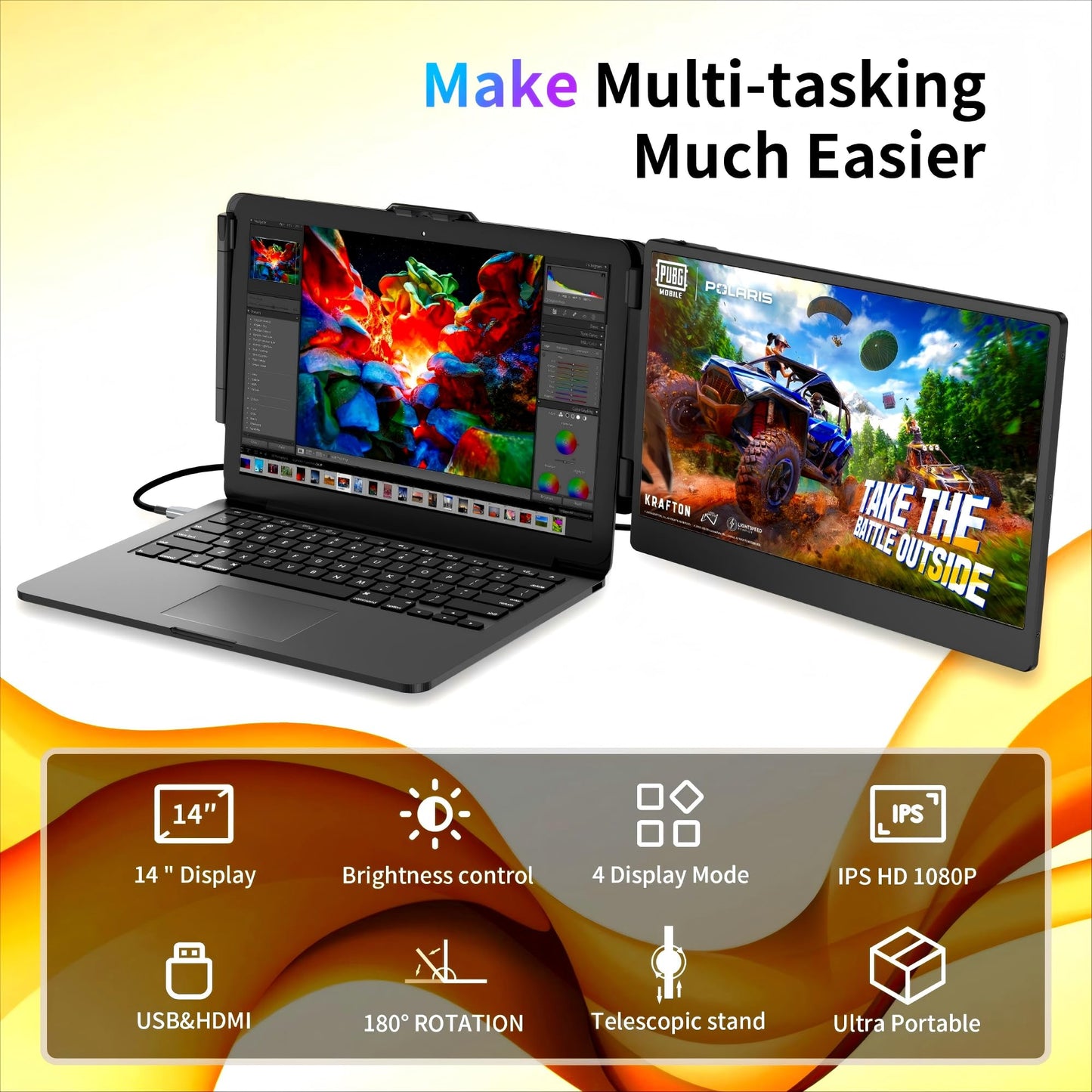 CIDETTY Laptop Screen Extender, 14" Dual Portable Monitor FHD 1080P IPS, USB-C/HDMI Plug & Play Travel Screen for 13-17" Laptops, Compatible with Wins/Mac/Chrome/Switch/Android