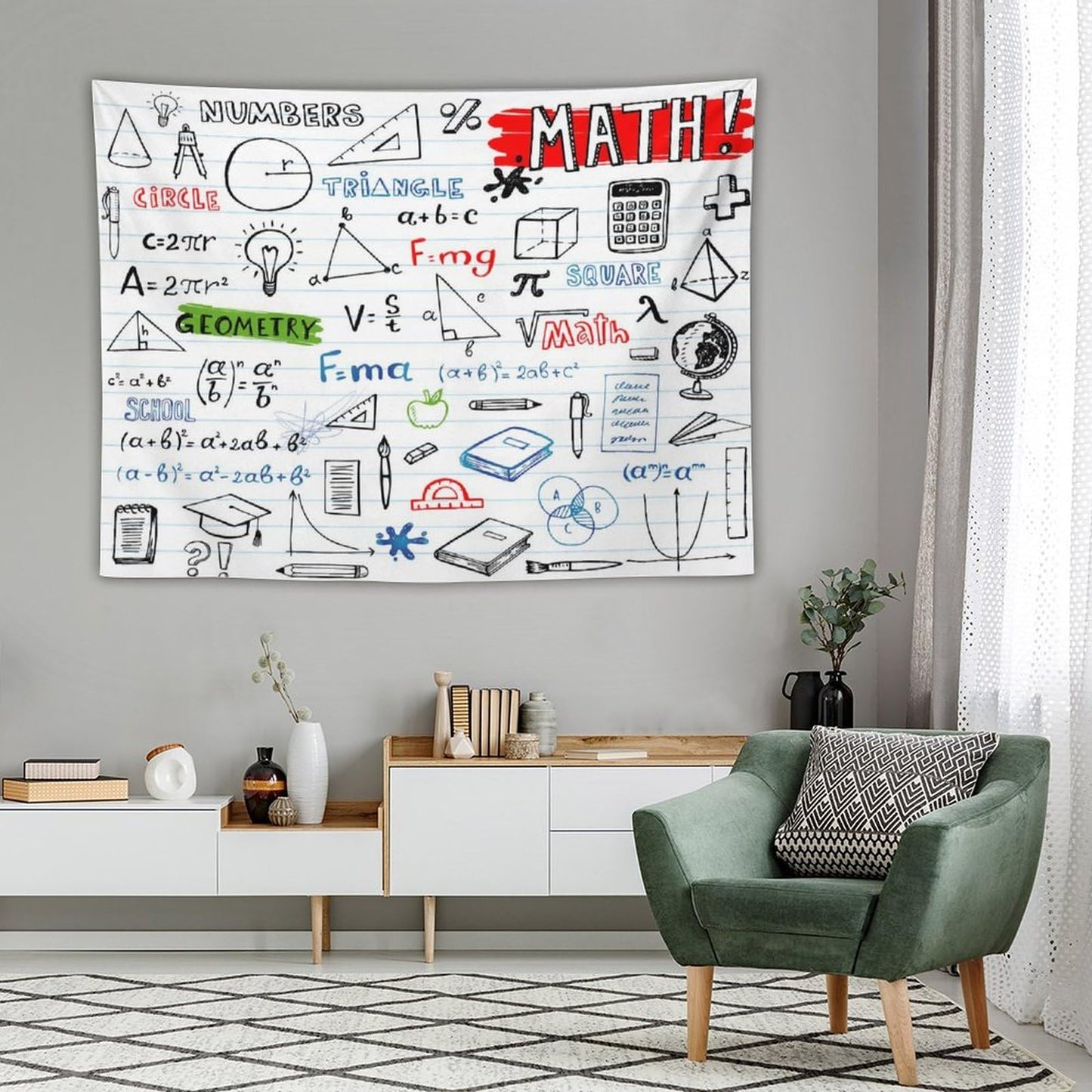 DDCBNS Math Symbols Tapestry,Funny Equations Geometry Function Print Educational Tapestry Wall Hanging Home Décor for Study Classroom Bedroom Living Room Office 80" x 60"