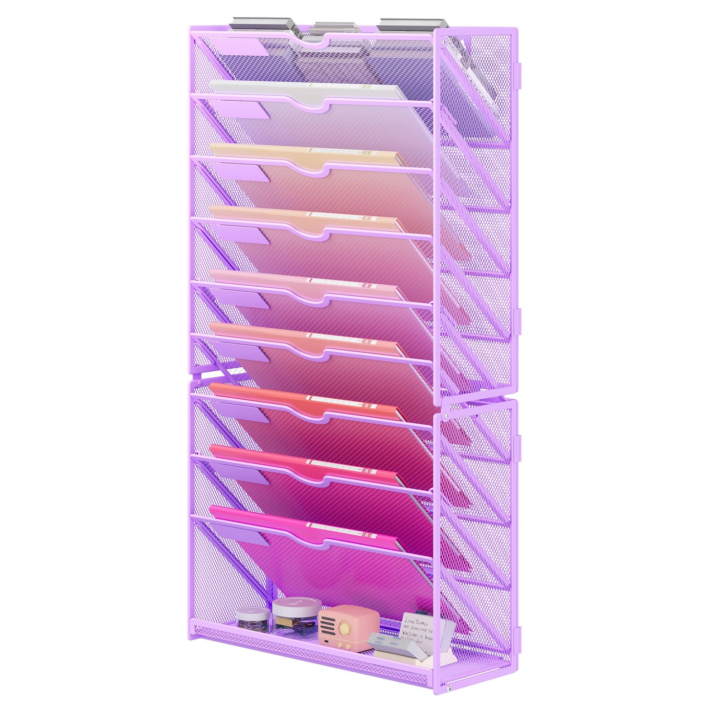 Lavatino Hanging Wall File Folders Organizer - 10-Tier Purple Metal Mesh Paper Magazine Document Mail Holder File Organizer for Office School Home Wall Mount or Desk Supplies Organization