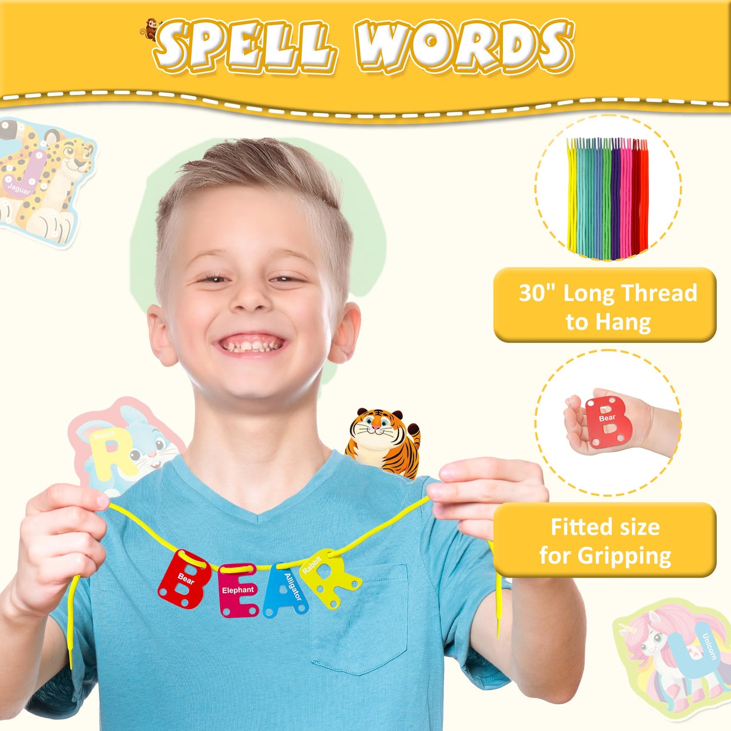 52 PCS Animals Lacing Cards for Kids Ages 3-5, Uppercase Sewing Cards Kits, Animal Alphabet Matching Games for Preschool Learning, Developing Fine Motor Skills Supplies