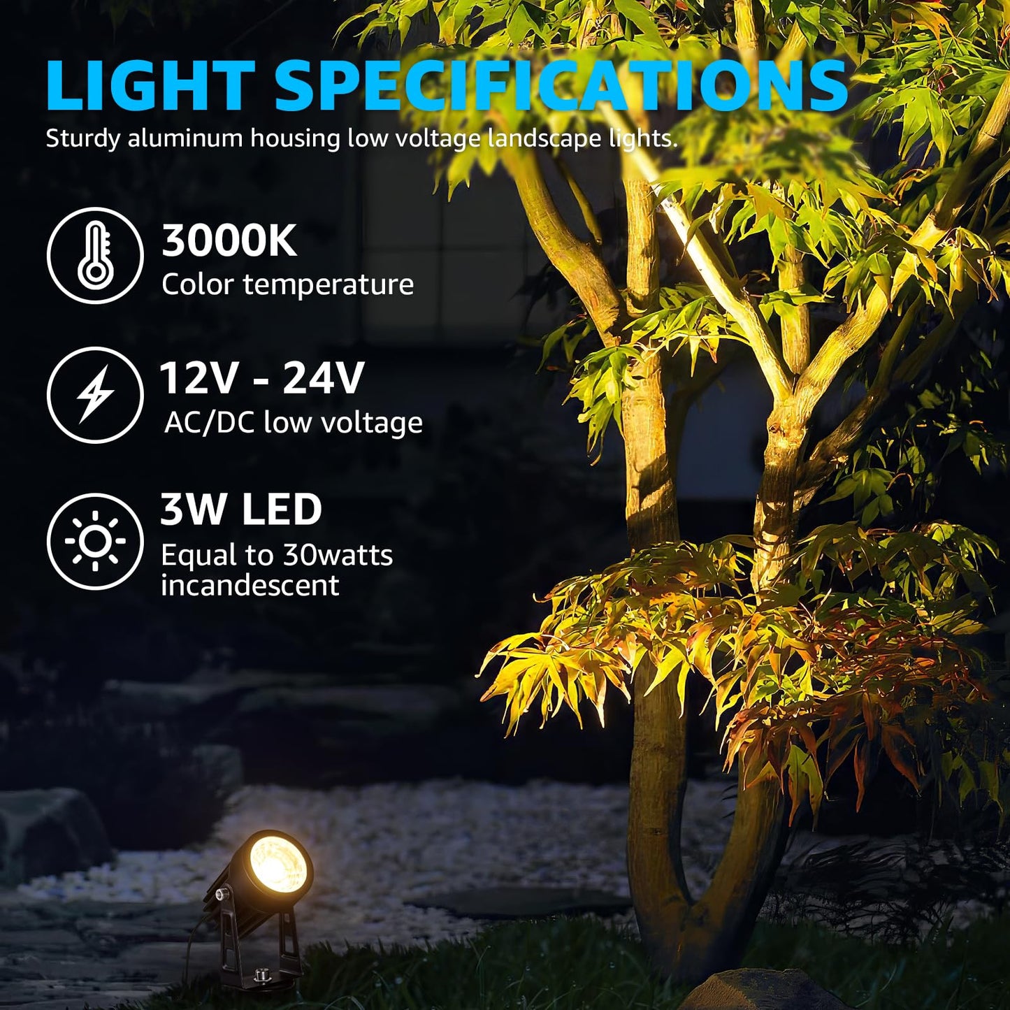 SUNVIE All-in-One LED Landscape Lighting Kit, 12-Pack, 3000K, Black, Model KTWW12SA, Includes Transformer and 100FT Wire