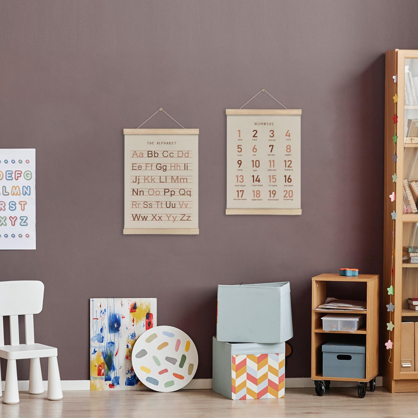 HRQKO Alphabet Numbers Poster Hanger Frame Set of 2, Girls Nursery Wall Decor, ABC Poster Wall Art with Wooden Frames, Burnt Orange Alphabet Banner Wall Hanging Decor for Toddler Playroom,12x16 Inch