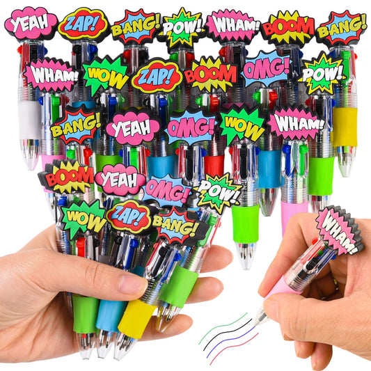 LiYiQ 25 Pcs Hero Theme Multicolor Pen in One Cartoon Cute Fun 4-in-1 Cute Pens Bulk Kawaii Hero Theme Boom Wow Pow Conversation Cool Ballpoint Pens for Fun Gifts