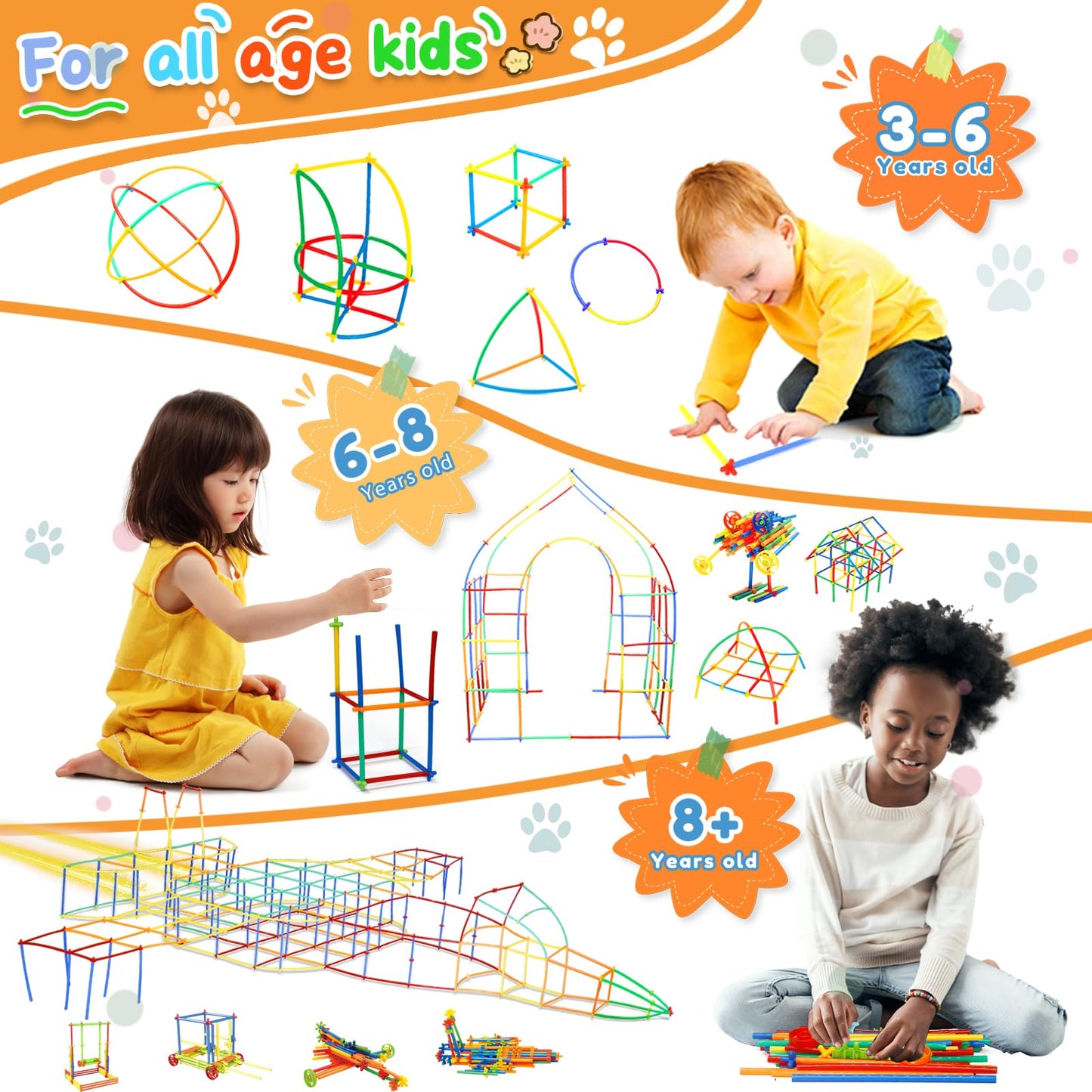 Ggiibro Straw Constructor Toys 1200Pcs STEM Building Toys Aged for 3 4 5 6 7 8+ Interlocking Plastic Toys Preschool Engineering Thin Tube Blocks Toy Educational Toy Kit for Classroom Kids Toys Set