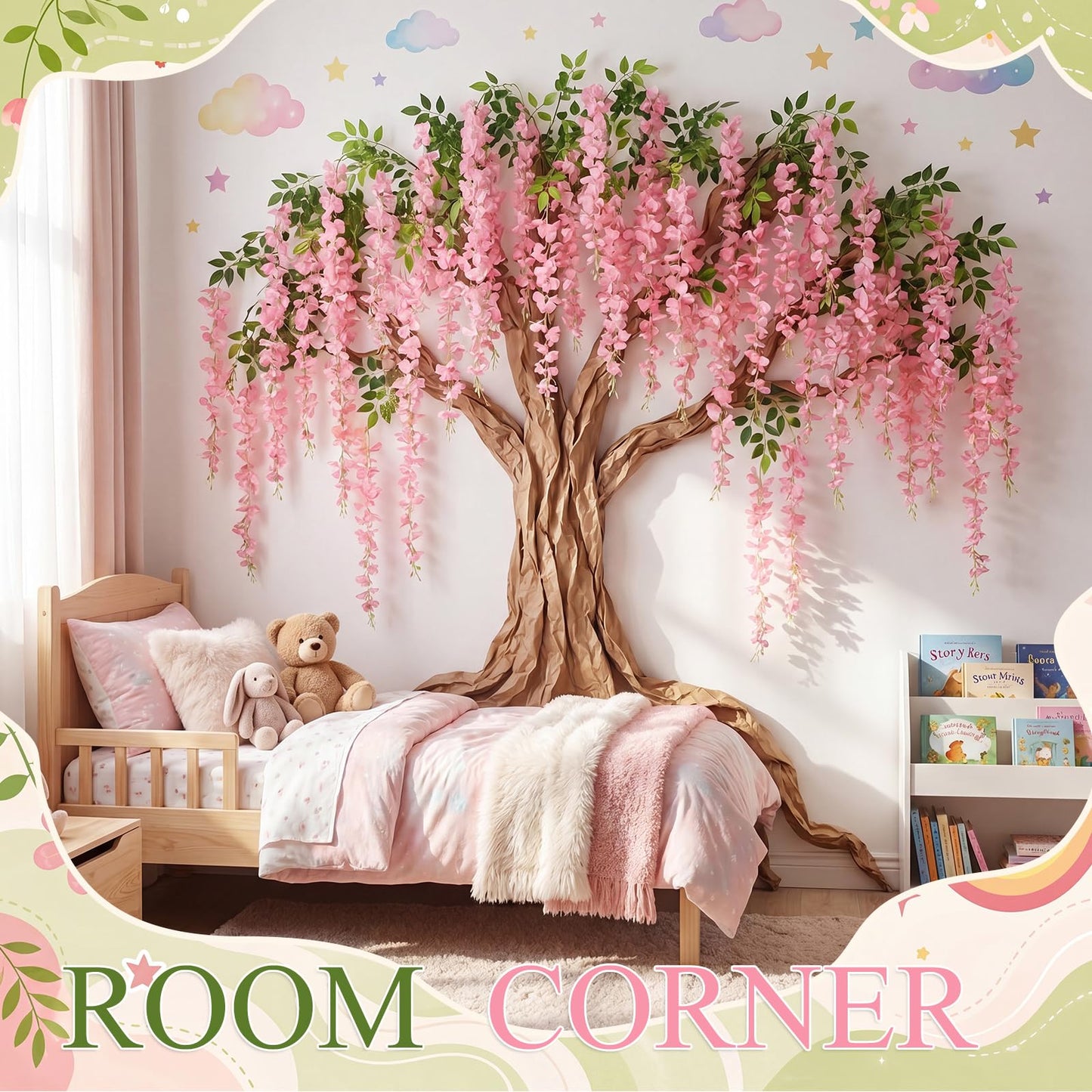 Suncalla Classroom Tree Bulletin Board Set DIY 3D Classroom Ceiling Wall Decor with Kraft Paper & Mounted Traceless Hooks for Jungle Safari Hawaiian Luau Party Supplies (Wisteria)