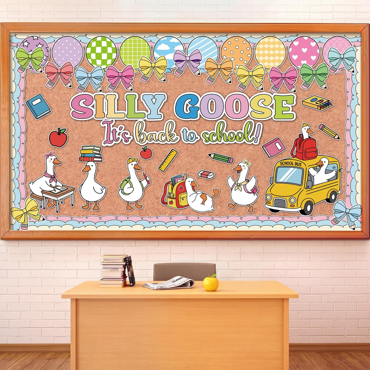 Gersoniel 70 Pcs Silly Goose It's Back to School Bulletin Board Set Goose Bow Book Pencil Banner DIY Paper Cutout for First Day of School Birthday Party Classroom Chalkboard Wall Decorations