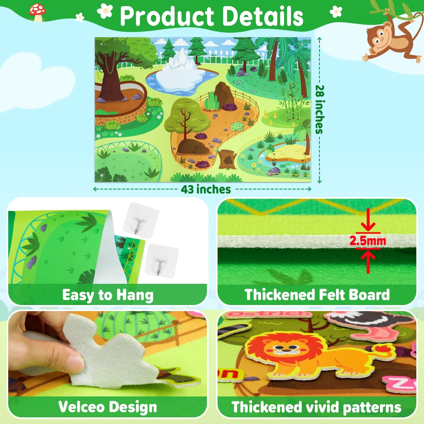 Taika 43x28 inch Zoo Animals Felt Story Board Set, 41Pcs Jungle Animals Toys, Thicker Flannel Board, Preschool Learning Toy, Interactive Storytelling Teaching Play Activity Kits