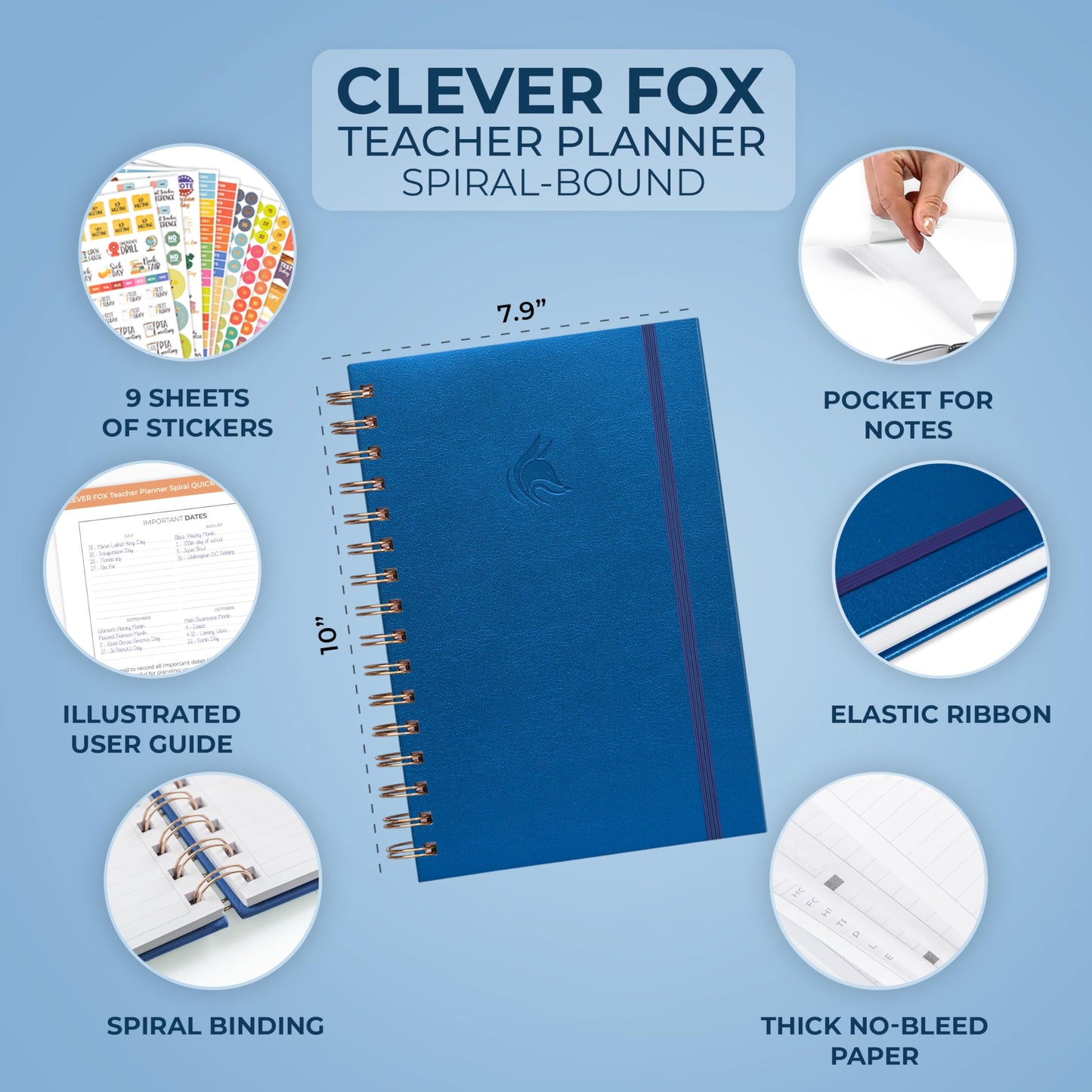 Clever Fox Teacher Planner Spiral – School Year Planner with Calendars & Lesson Plans – Teacher Plan Book for Classroom & Homeschool Organization - Undated, 7.9x10″ (Mystic Blue)