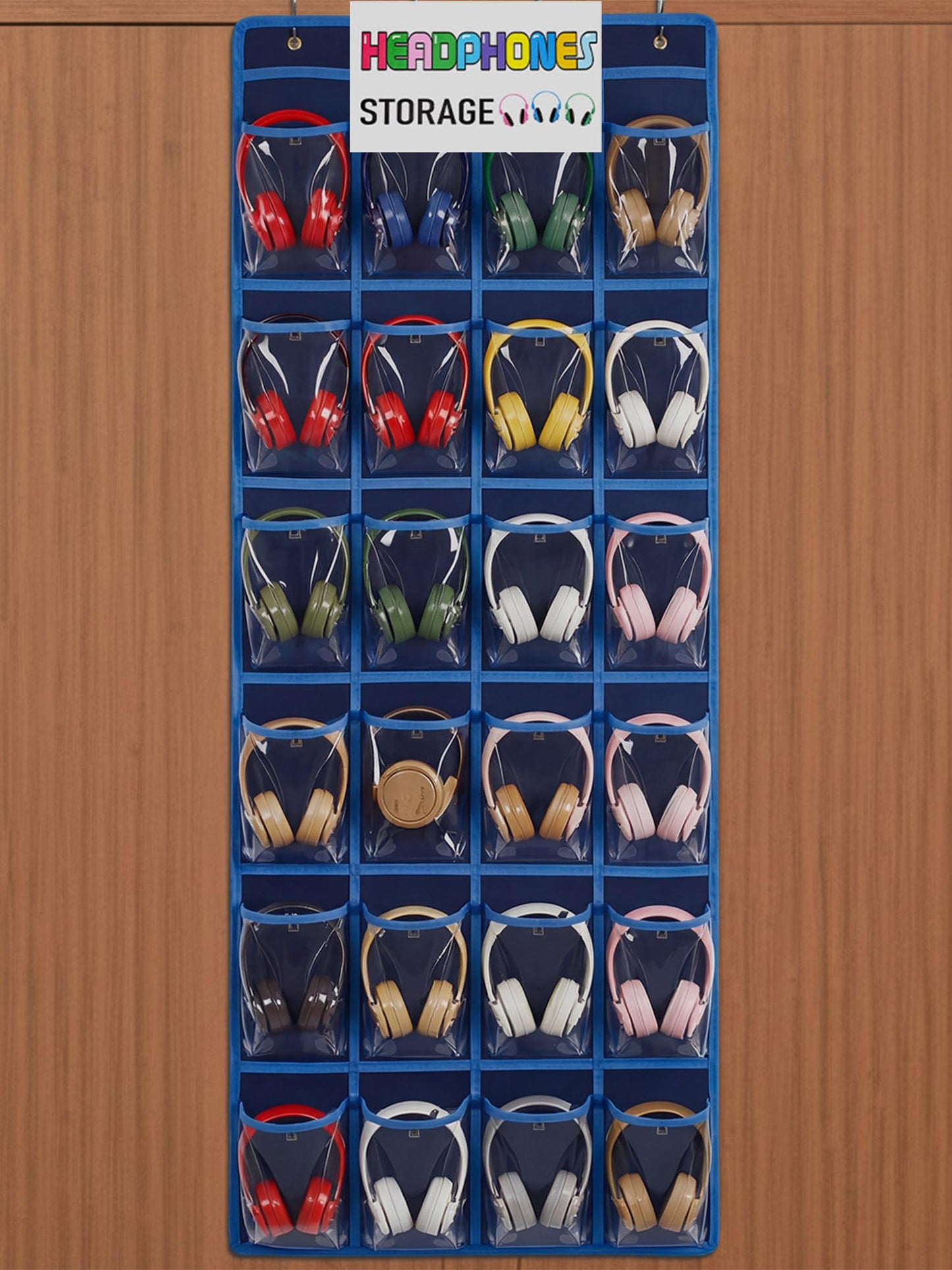 Maasechs Classroom Headphone Storage Organizer 24 PVC Clear Over The Door Hanging Classroom Headphone Holder Pocket with 4 Hooks for School Library(Blue)