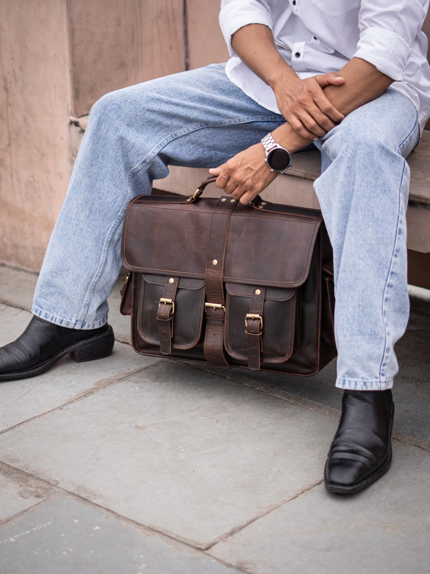 URBAN DEZIRE 16 inch Leather Messenger Bag Brown Vintage Satchel Genuine Laptop Computer Office Shoulder Handmade Briefcase for Men