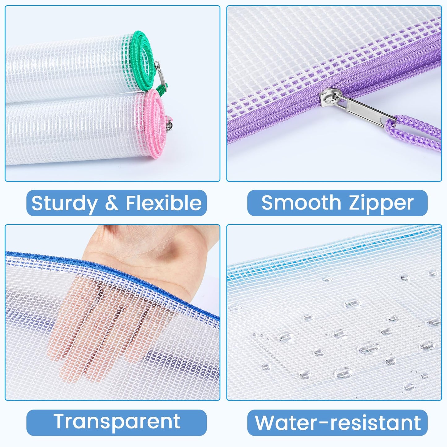 Sooez 14 Pack Mesh Zipper Pouch Bags, A4 Letter Size, Zipper Bags with Label Pocket, Waterproof Bag for Classroom Organizer, School Office Teacher Supplies, Storage Pouches for Board Game Toy Storage