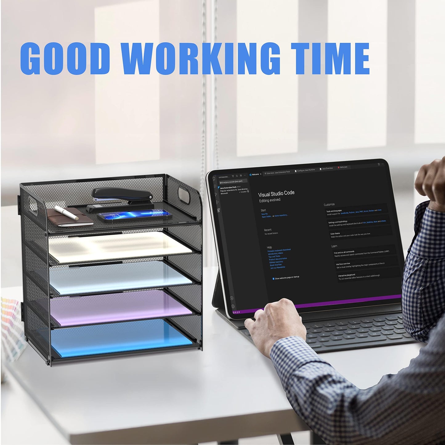 Supeasy 2 Pack 5-Tier Desk Organizer with Handle Mesh Desk File/Paper Organizer Letter Tray for Office, School, Classroom and Home Easy Installation, Black