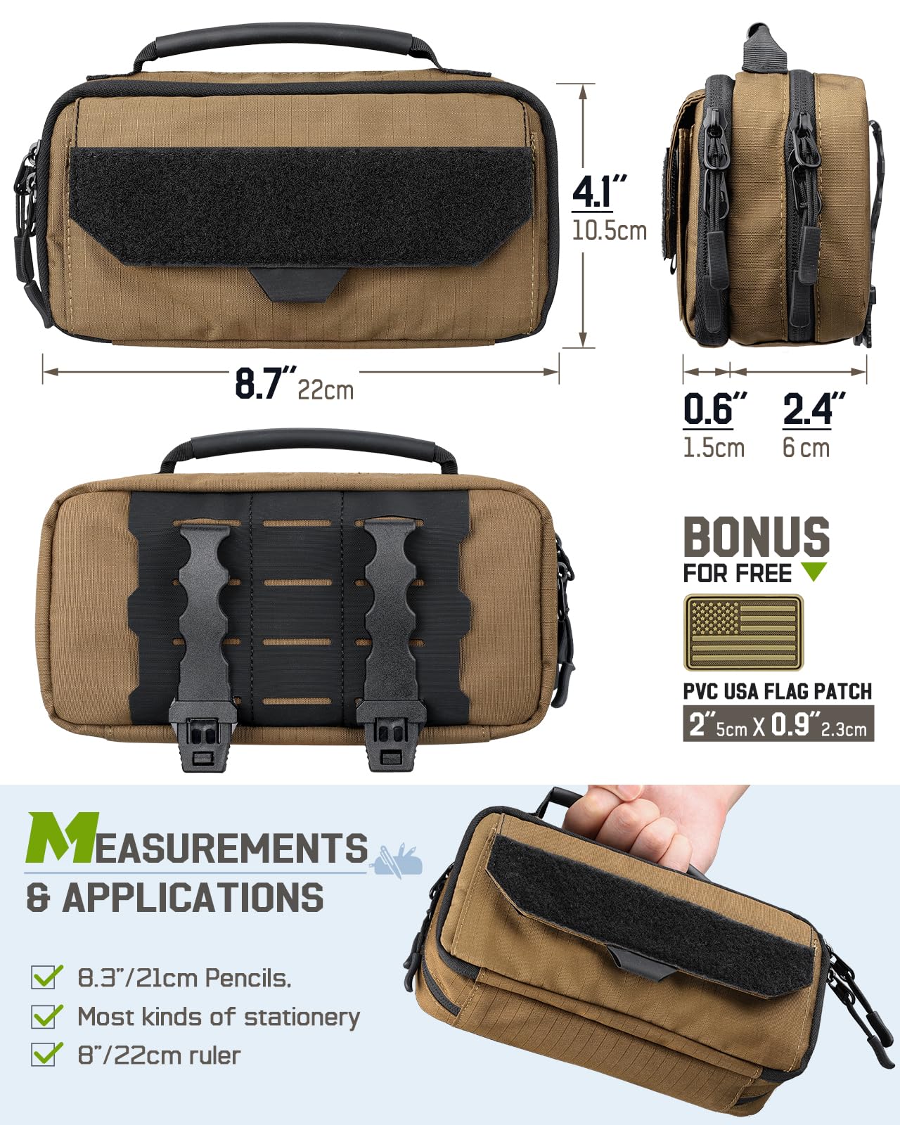 RXW Large Capacity Pencil Case Pouch for Boys, Zippered Tactical Pencil Bag Carry Handle, Small Tool Pouch for Adults (includes US Flag Patch + 2 MOLLE Straps)