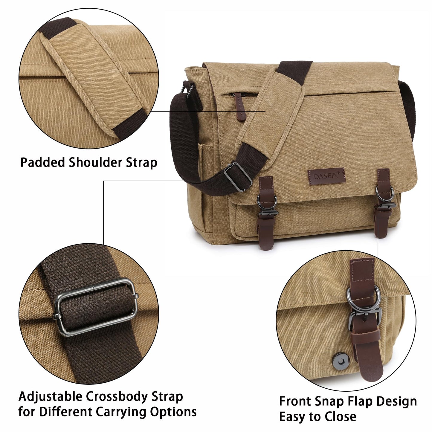 Dasein Large Vintage Canvas Messenger Shoulder Bag, Beige, 15in Laptop
