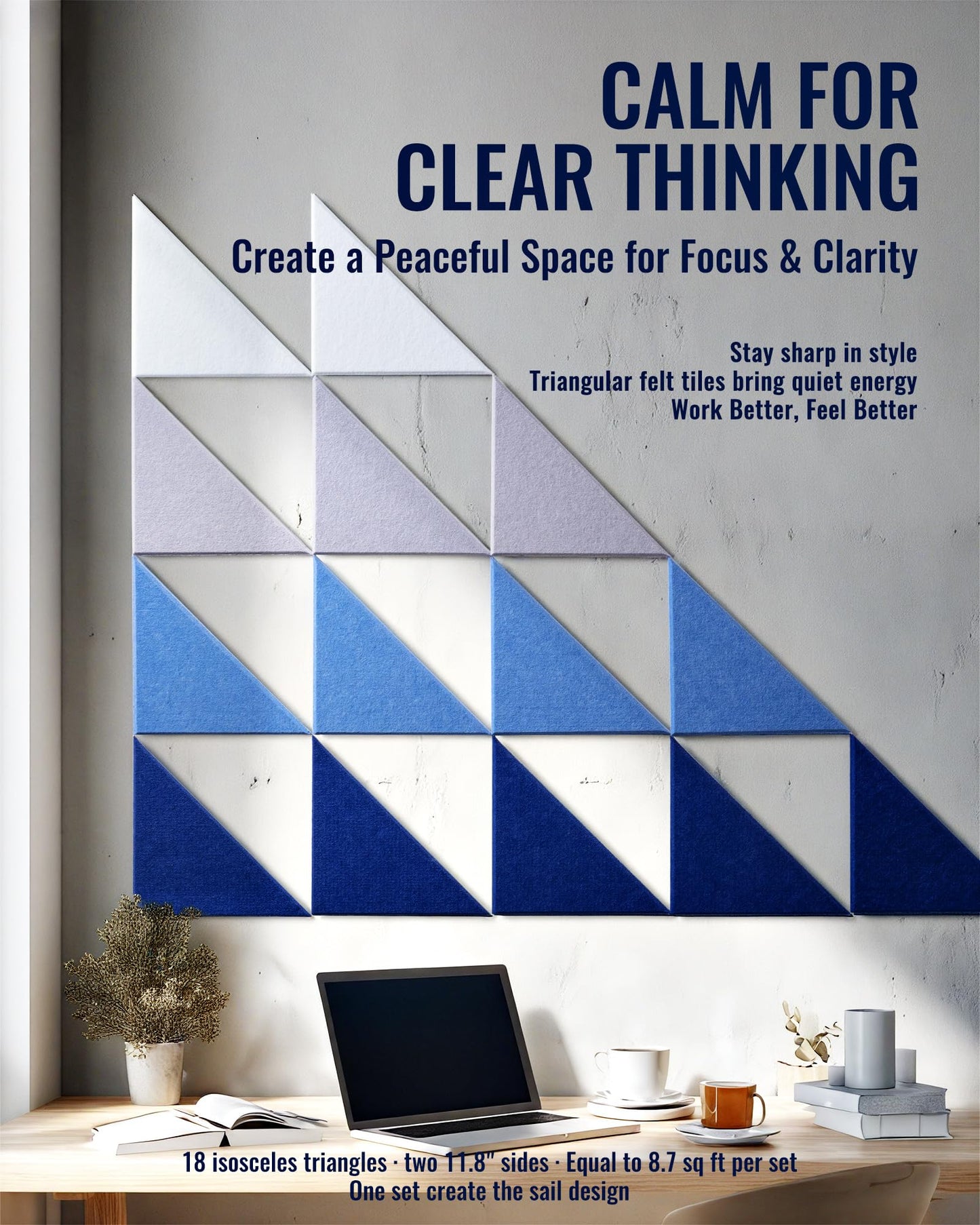 PebblingQ Felt Wall Tiles Bulletin Board, Marine Blue White Panels, Modular Decorative Boards for Home Office, Kids Room, Nursery, DIY Geometric Art Display, 18 Pack 11.8" Triangle Tiles (Marine)