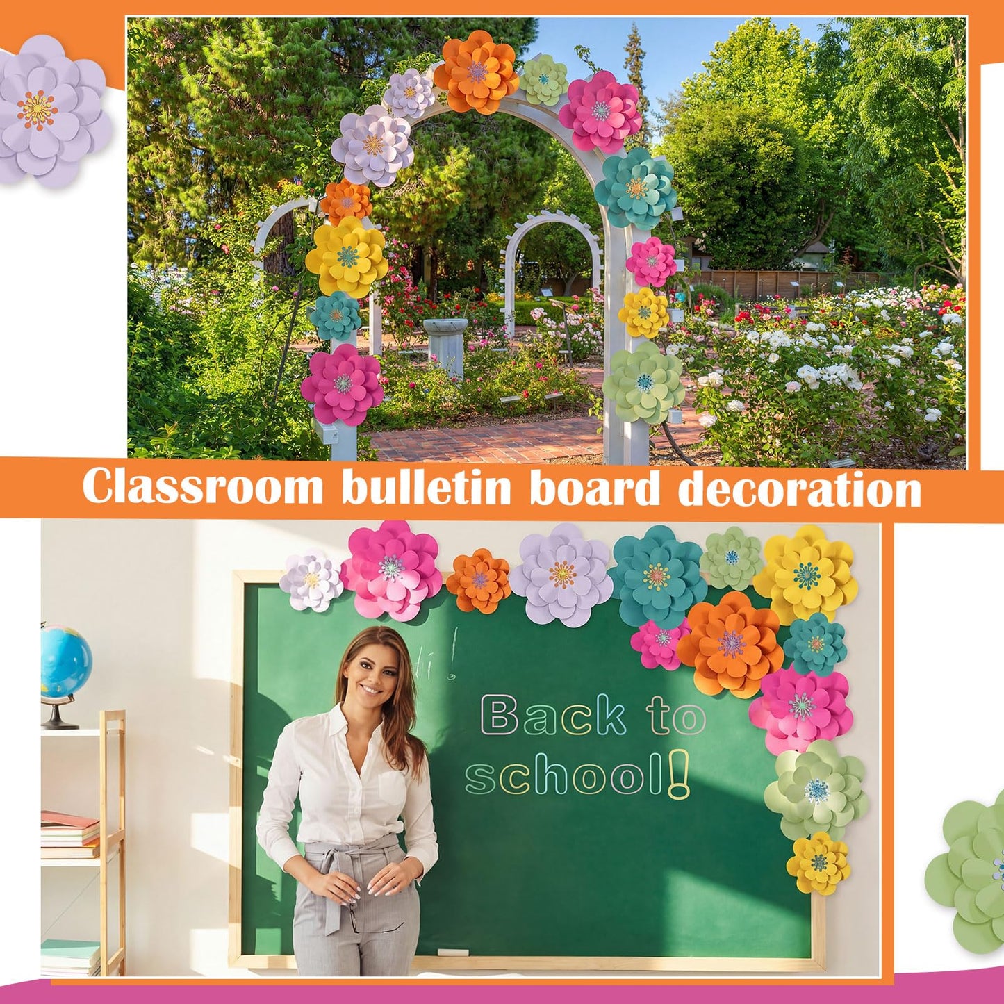 Mooliwe Paper Flowers Decorations for Wall DIY 3D Paper Bulletin Board Mexican Flowers Backdrop Decoration for Classroom Back to School Holiday Party(Bright,12 Set)