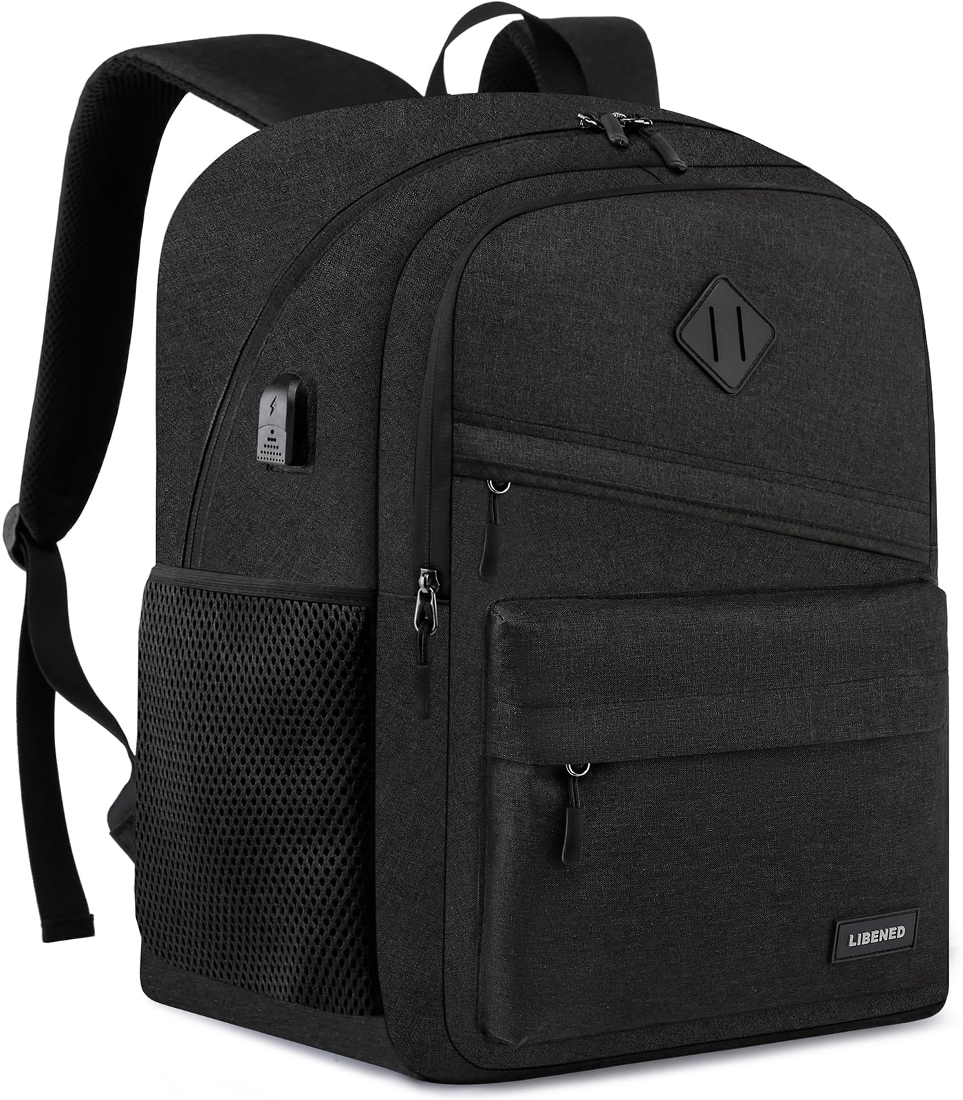 LIBENED School Backpack for Teens Boys, 15.6 Inch Laptop Backpack with USB Charging Port & Water Resistant Design, College High School Book Bag for Students, Black