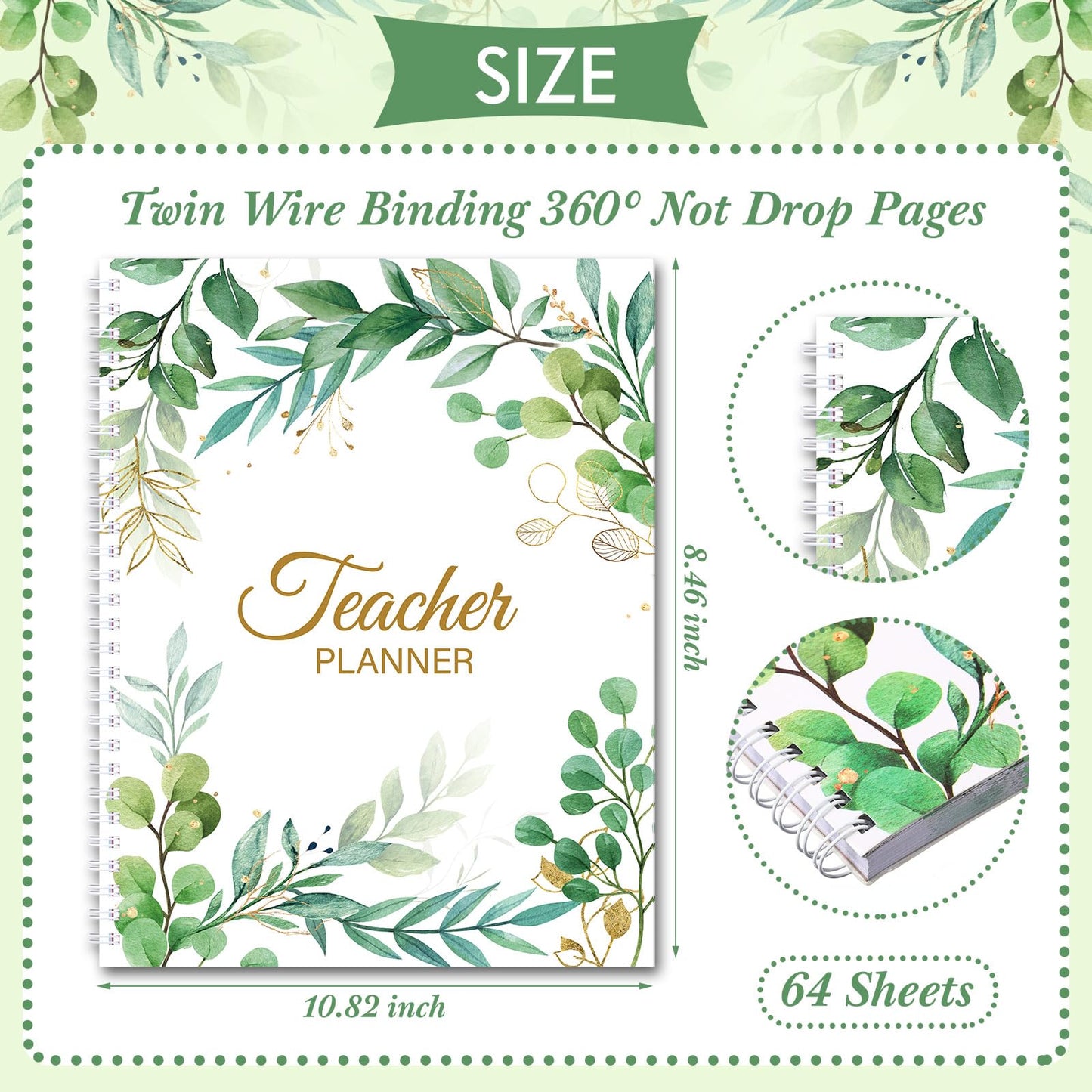 Fuyoooo Eucalyptus Teacher Planner Undated Academic Year Teacher Lesson Planner Book Green Plants Daily Weekly Monthly Spiral Planner Checklist Organizer with Stickers for Classroom, 8.5'' x 11''