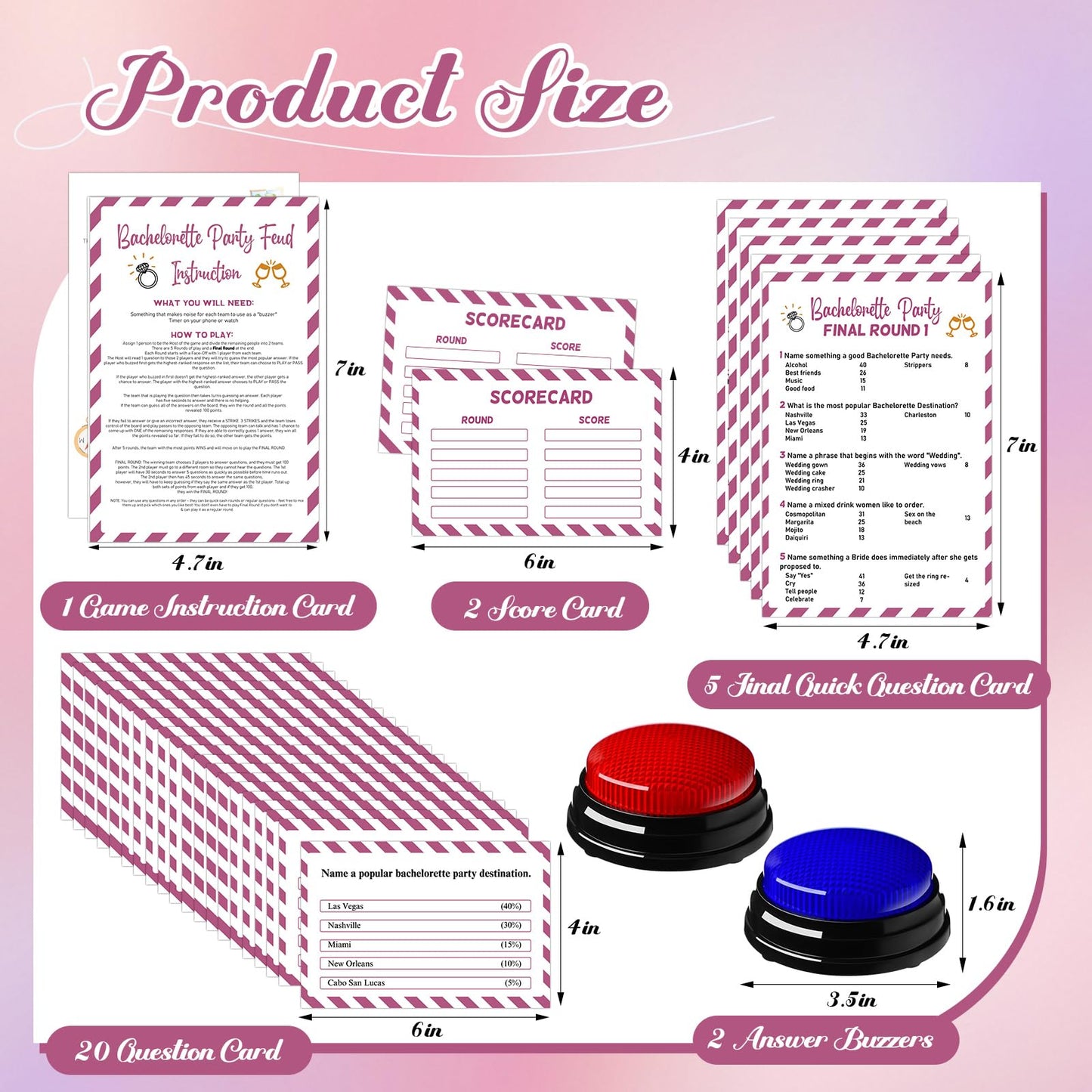 Soulchen Bachelorette Friendly Feud Game Set Bachelorette Party Game Trivia Quiz with Cards and 2 Buzzer for Adults Family Home Games Activities Party Supplies, Battery Not Included