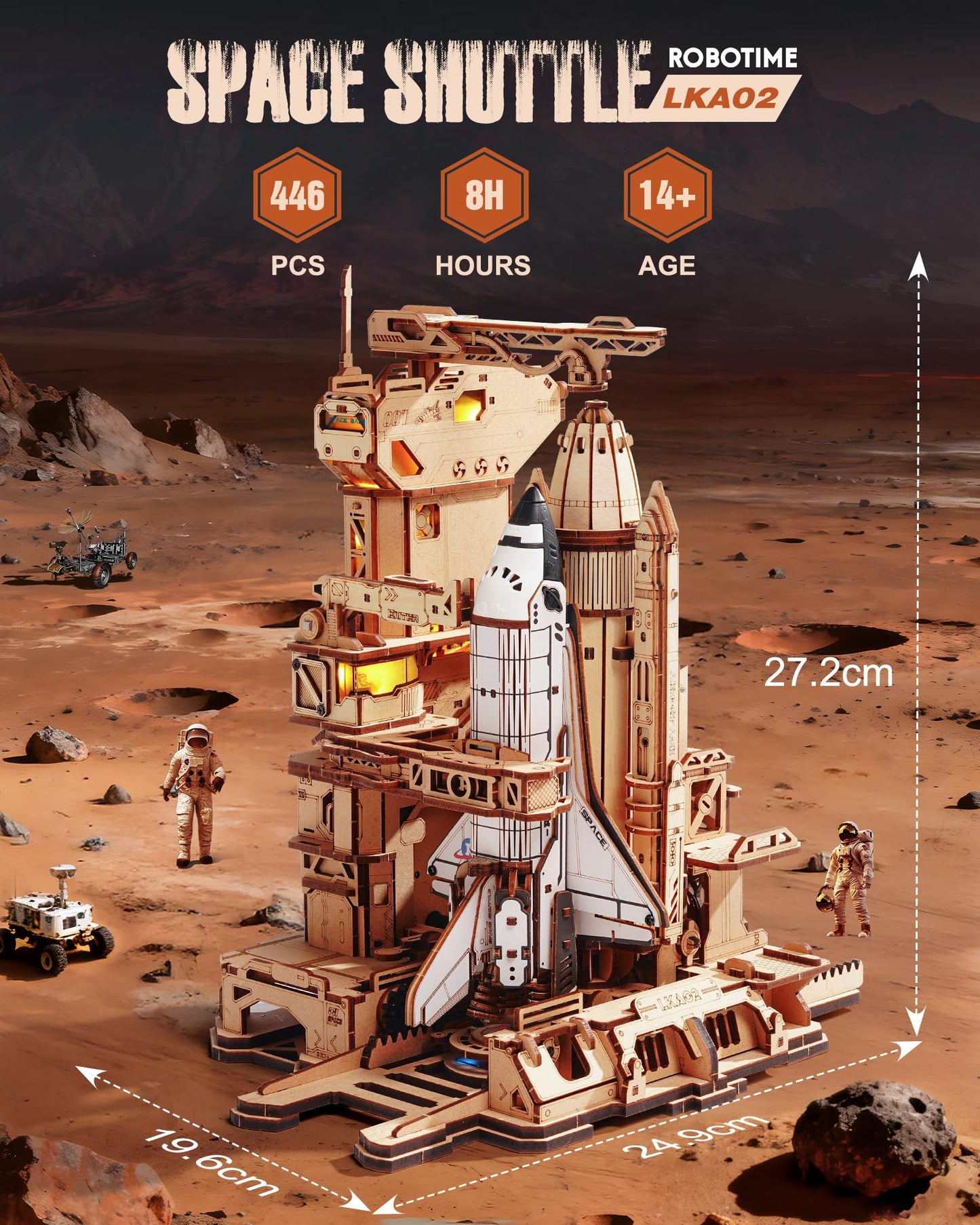 ROBOTIME 3D Space Shuttle Wooden Puzzle for Adults, Dynamic Rocket Launch Model Building Kits with Lights, AS Home Desktop Decoration for Men Gifts (446 Pieces,8 Hours Finished)