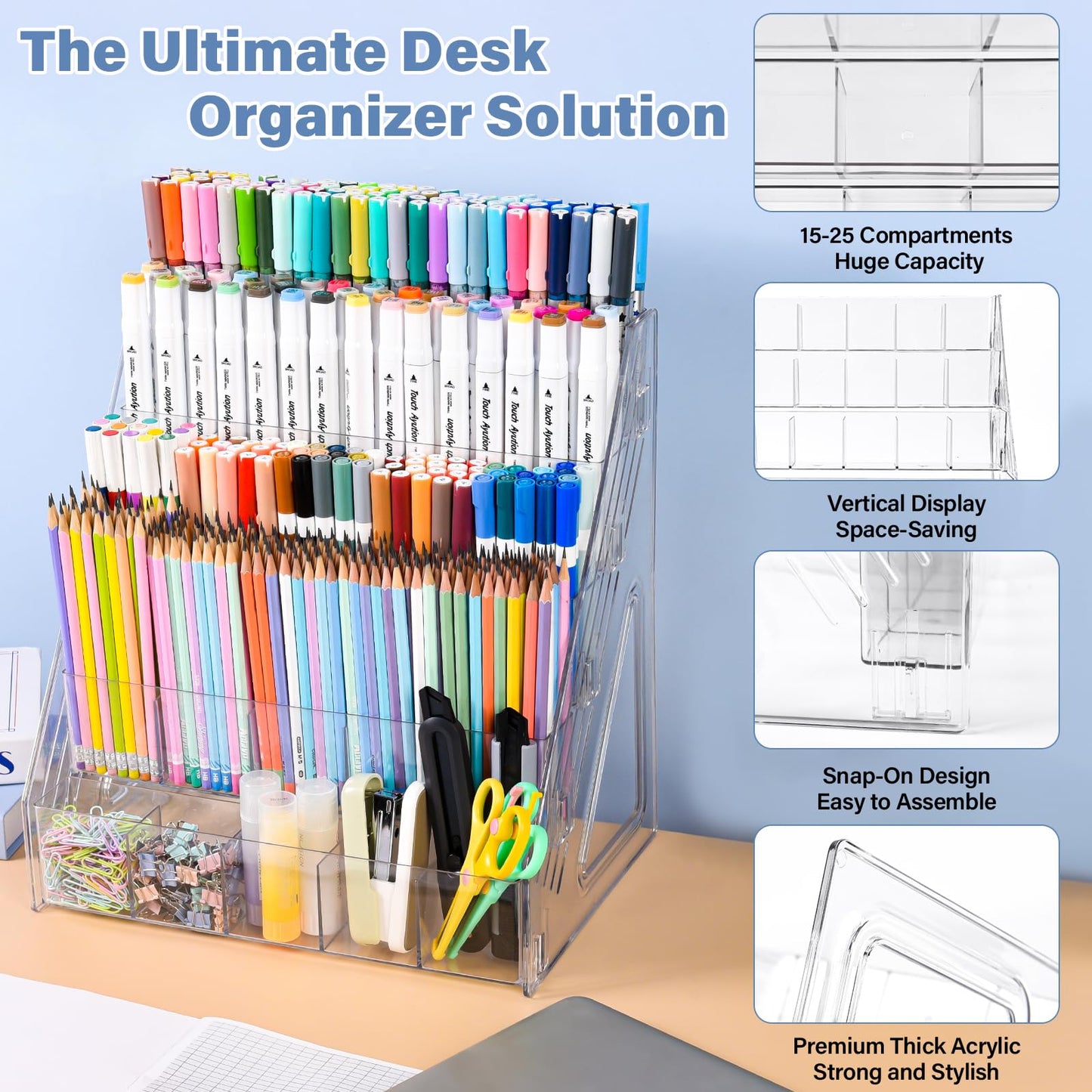 CELSOL Acrylic Desk Organizer – 5 Tier 25 Compartments Vertical Storage for Pens, Markers, Art Supplies & Office Accessories – Clear Desk Storage Solution for Home, Office & School