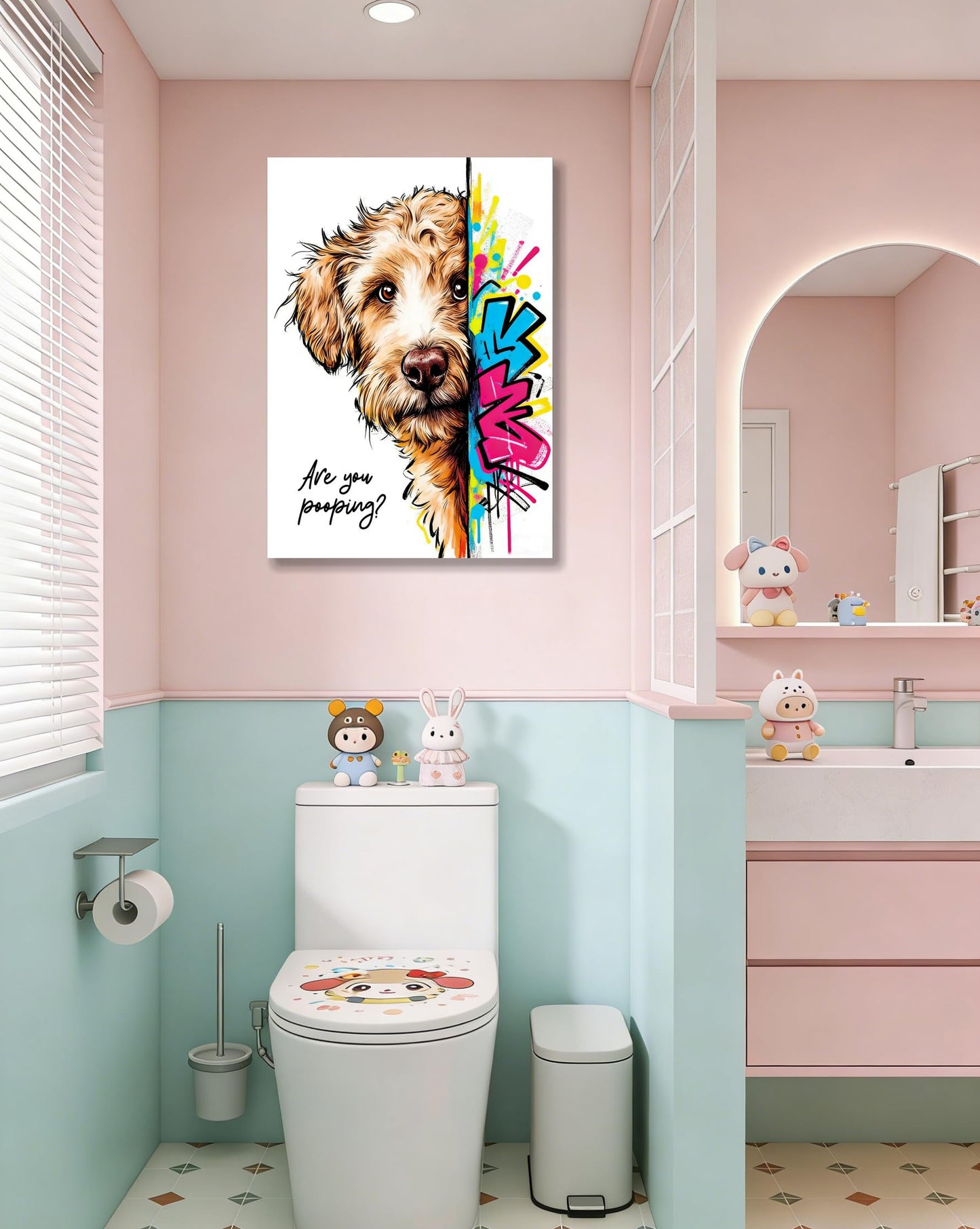 16x24“ Funny Goldendoodle Dog Bathroom Wall Art Painting, "Are You Pooping?" Graffiti Pet Canvas Print, Humorous Restroom Poster Decor for Washroom Bathroom Toilet, Modern Pop Art Dog Lover Gift (Framed)