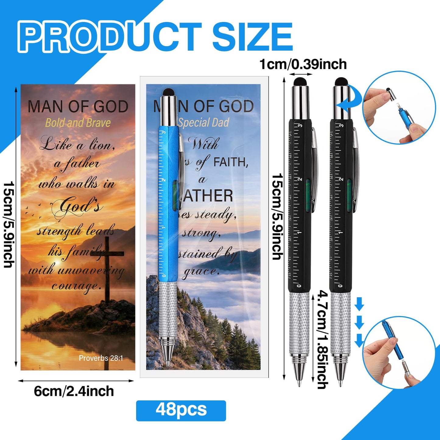 Tenceur 48 Set Father's Day Bulk Gifts for Church 6 in 1 Multi Tool Pen with Religious Bible Verse Bookmark Man of God Christian Gift for Men Church Prizes Husband Bible Study Supplies (Man of God)