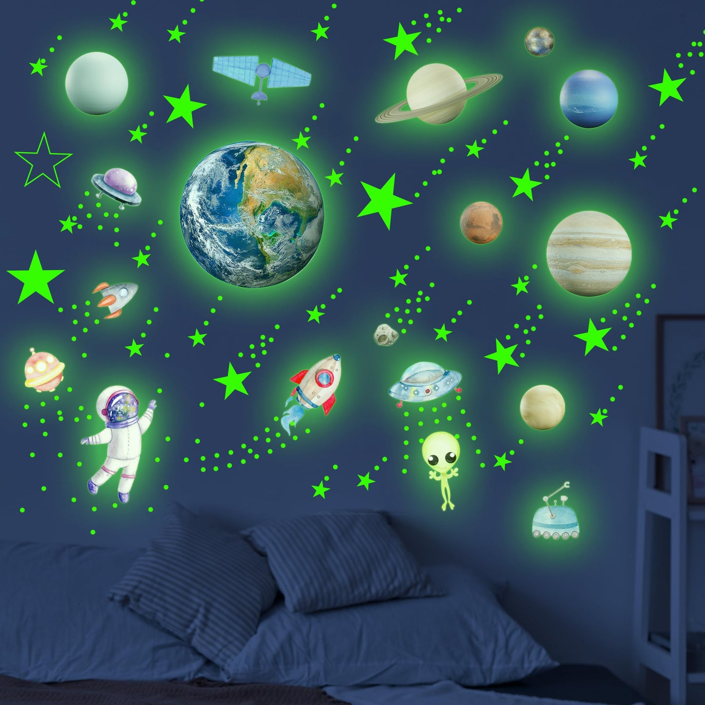 Glow in The Dark Stars Solar System Wall Decals, Star and Planets Stickers for Ceiling, Kids Wall Sticker Space Room Decor (Green)