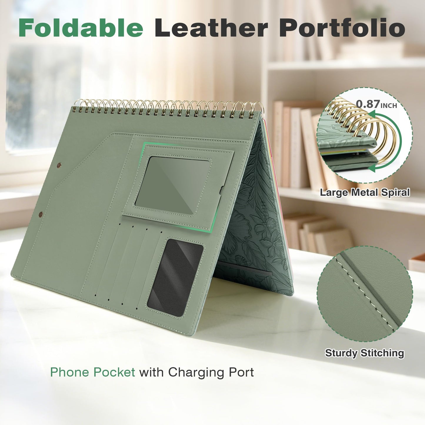 Clipboard with Storage for Men Women, Leather Padfolio Portfolio Organizer 5 Folders with 10 Pockets, Spiral Clipboard Folio with Notepad for Letter Size, Elastic Closure and Pen Loop Green Floral